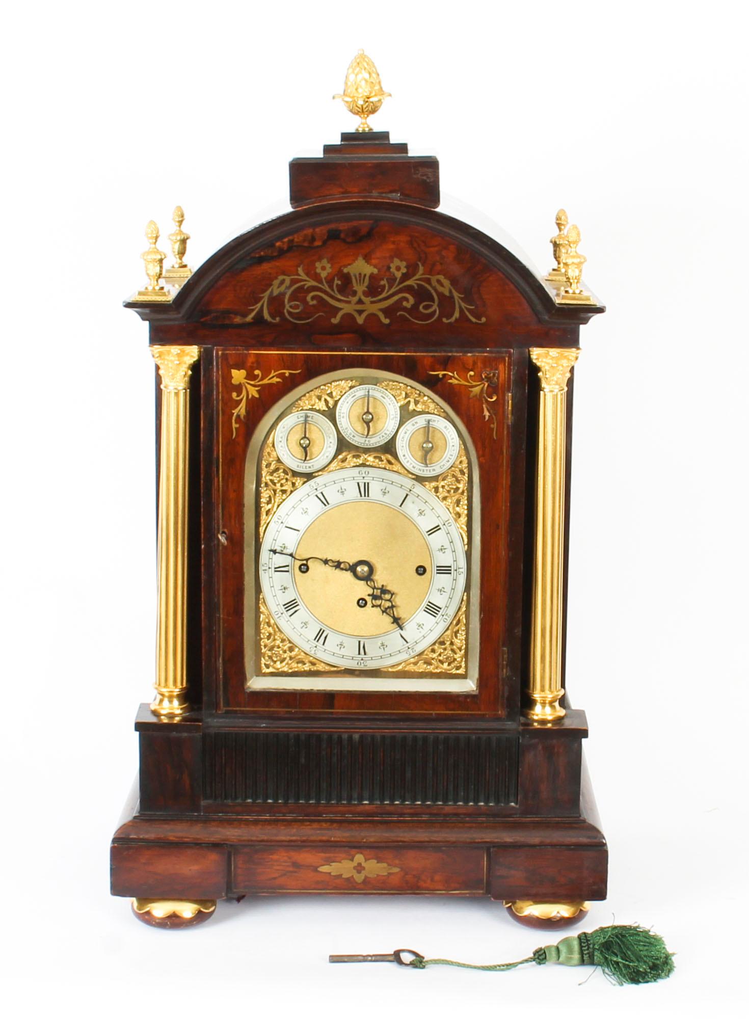 An impressive brass inlaid Gonçalo alves musical Westminster Chiming ormolu mounted boardroom clock with triple fusee movement, circa 1880 in date.

The fine quality eight day duration movement is fitted with chain fusees and rise and fall