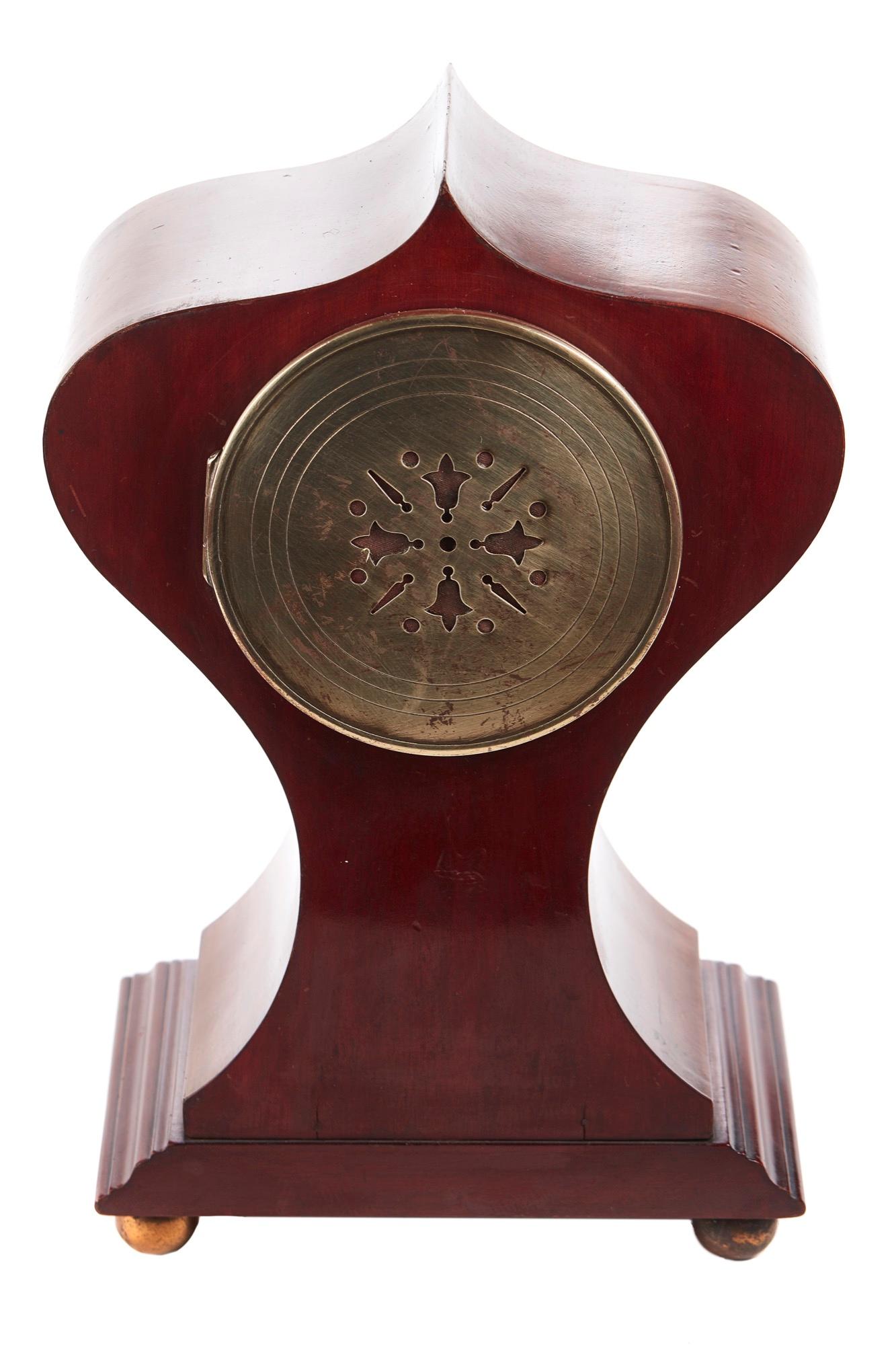 Antique Brass Inlaid Mahogany Art Nouveau Balloon Shaped Mantle Clock 3