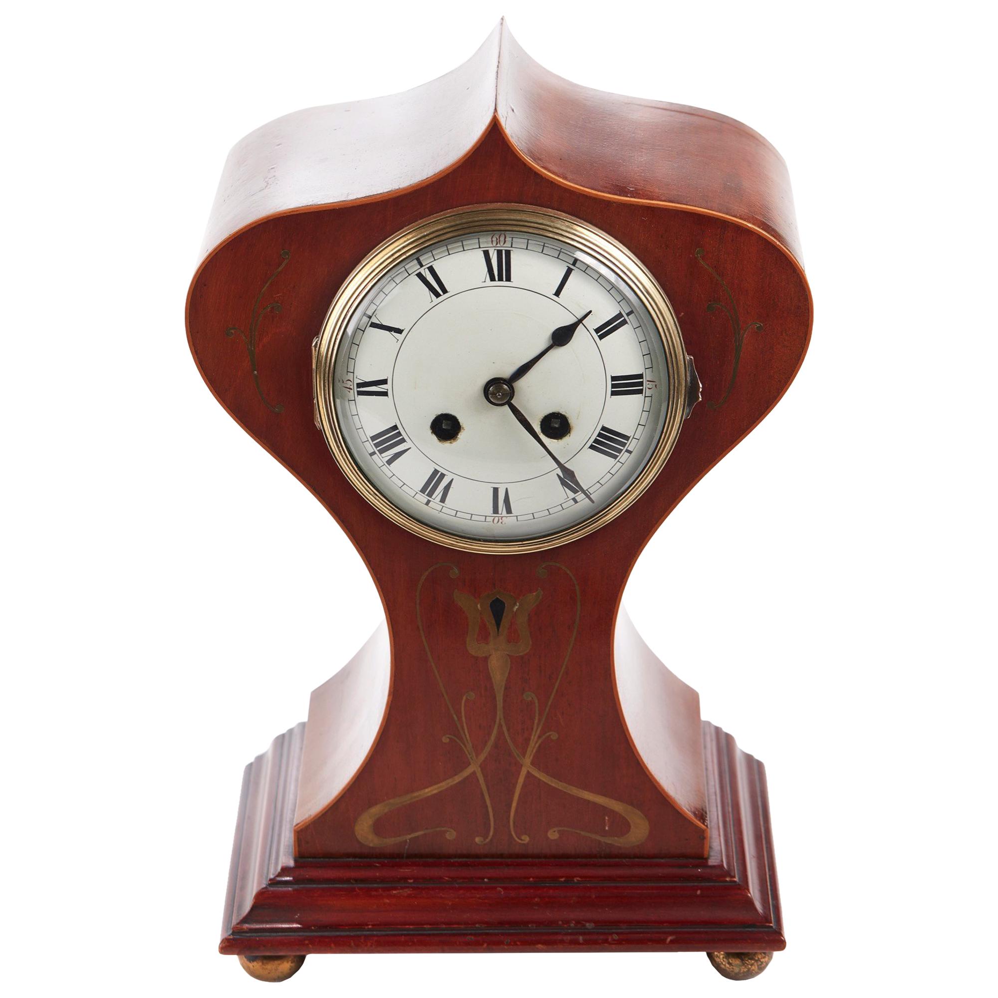 Antique Brass Inlaid Mahogany Art Nouveau Balloon Shaped Mantle Clock