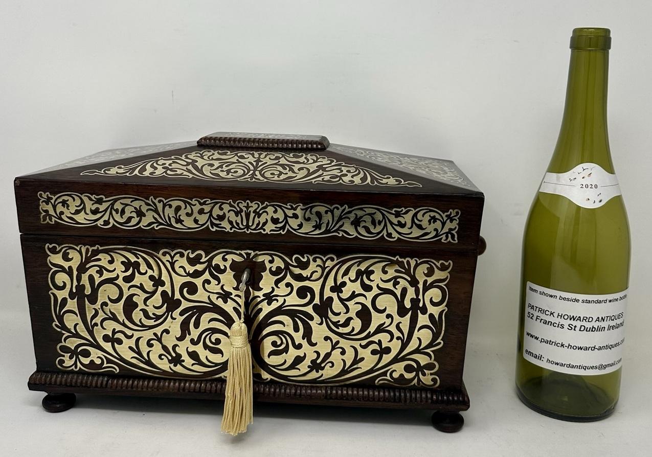 Antique Brass Inlaid Mahogany English Tea Caddy Box Regency Gillows Lancaster For Sale 7