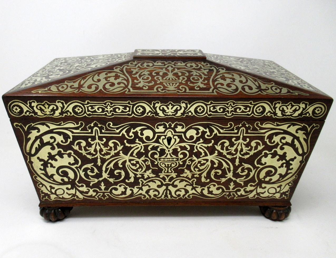 Polished Antique Brass Inlaid Mahogany English Tea Caddy Box Regency Gillows Lancaster For Sale
