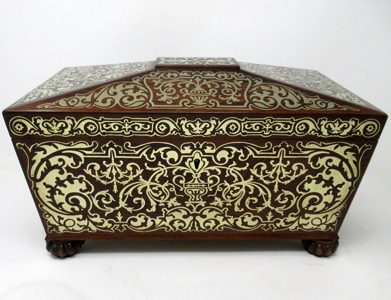Polished Antique Brass Inlaid Mahogany English Tea Caddy Box Regency Gillows Lancaster