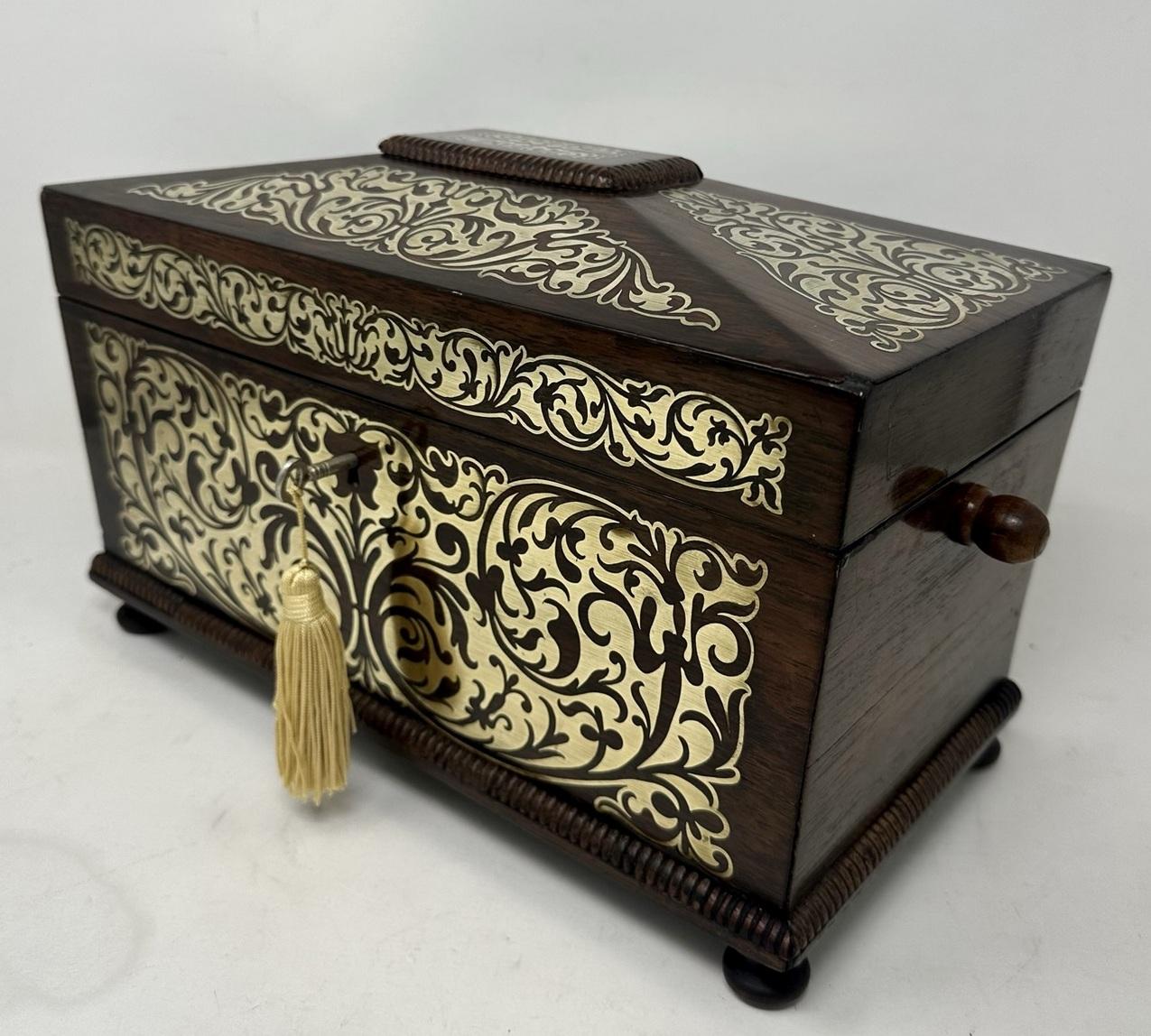 Polished Antique Brass Inlaid Mahogany English Tea Caddy Box Regency Gillows Lancaster For Sale