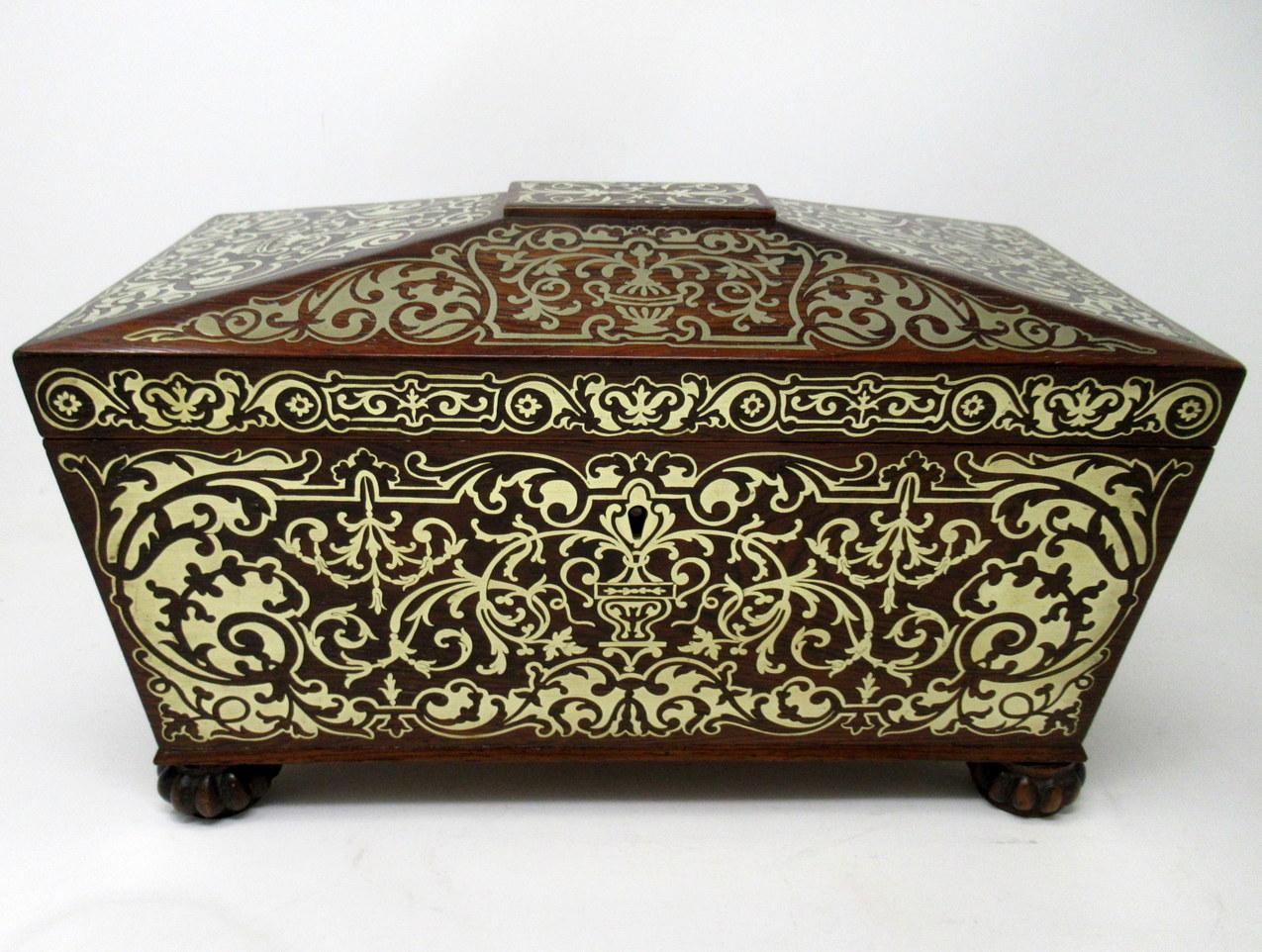Antique Brass Inlaid Mahogany English Tea Caddy Box Regency Gillows Lancaster In Good Condition For Sale In Dublin, Ireland