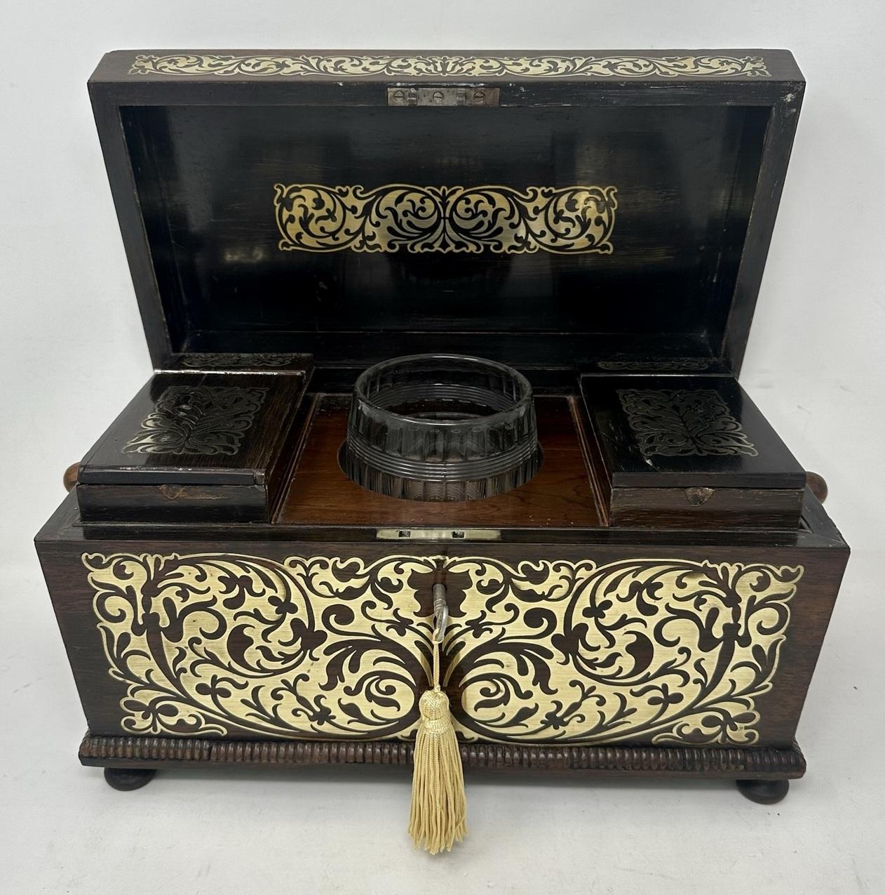 Antique Brass Inlaid Mahogany English Tea Caddy Box Regency Gillows Lancaster In Good Condition For Sale In Dublin, Ireland