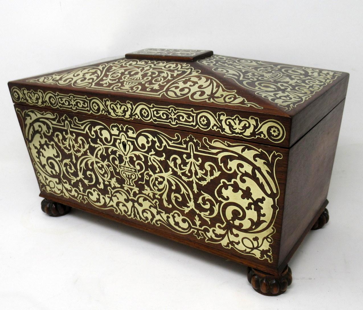 19th Century Antique Brass Inlaid Mahogany English Tea Caddy Box Regency Gillows Lancaster For Sale