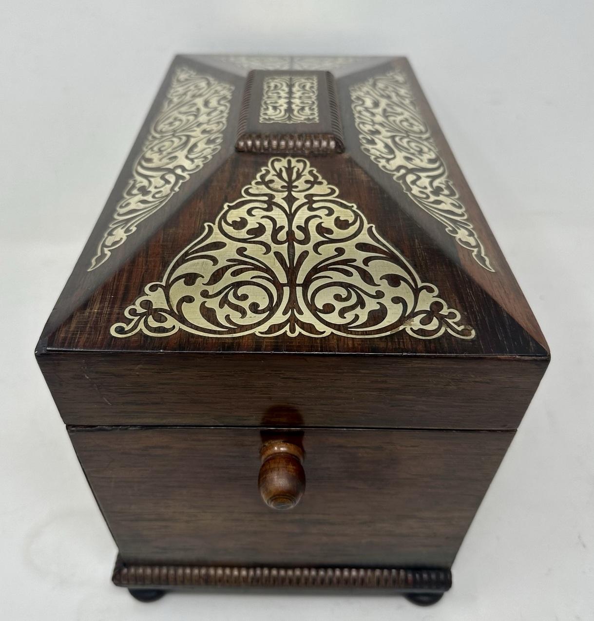 19th Century Antique Brass Inlaid Mahogany English Tea Caddy Box Regency Gillows Lancaster For Sale
