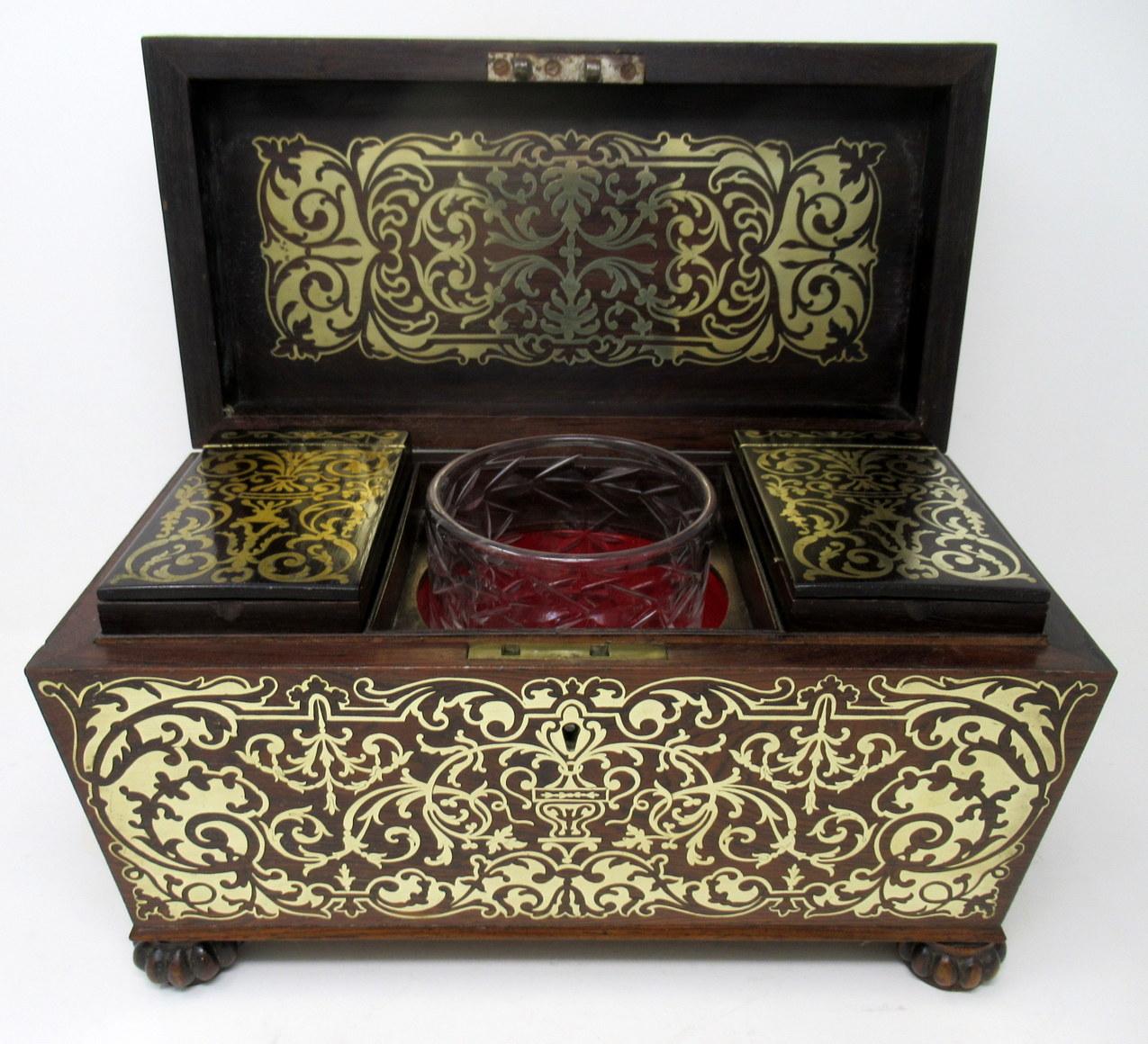 Crystal Antique Brass Inlaid Mahogany English Tea Caddy Box Regency Gillows Lancaster For Sale