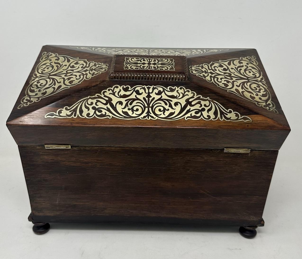 Antique Brass Inlaid Mahogany English Tea Caddy Box Regency Gillows Lancaster For Sale 1
