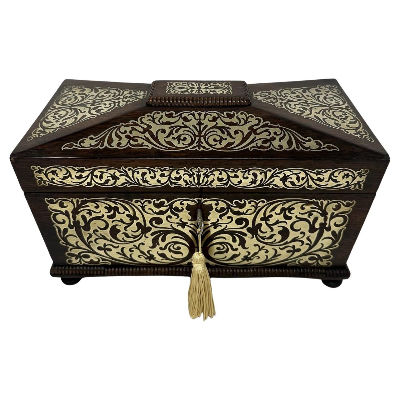 Antique Brass Inlaid Mahogany English Tea Caddy Box Regency Gillows Lancaster