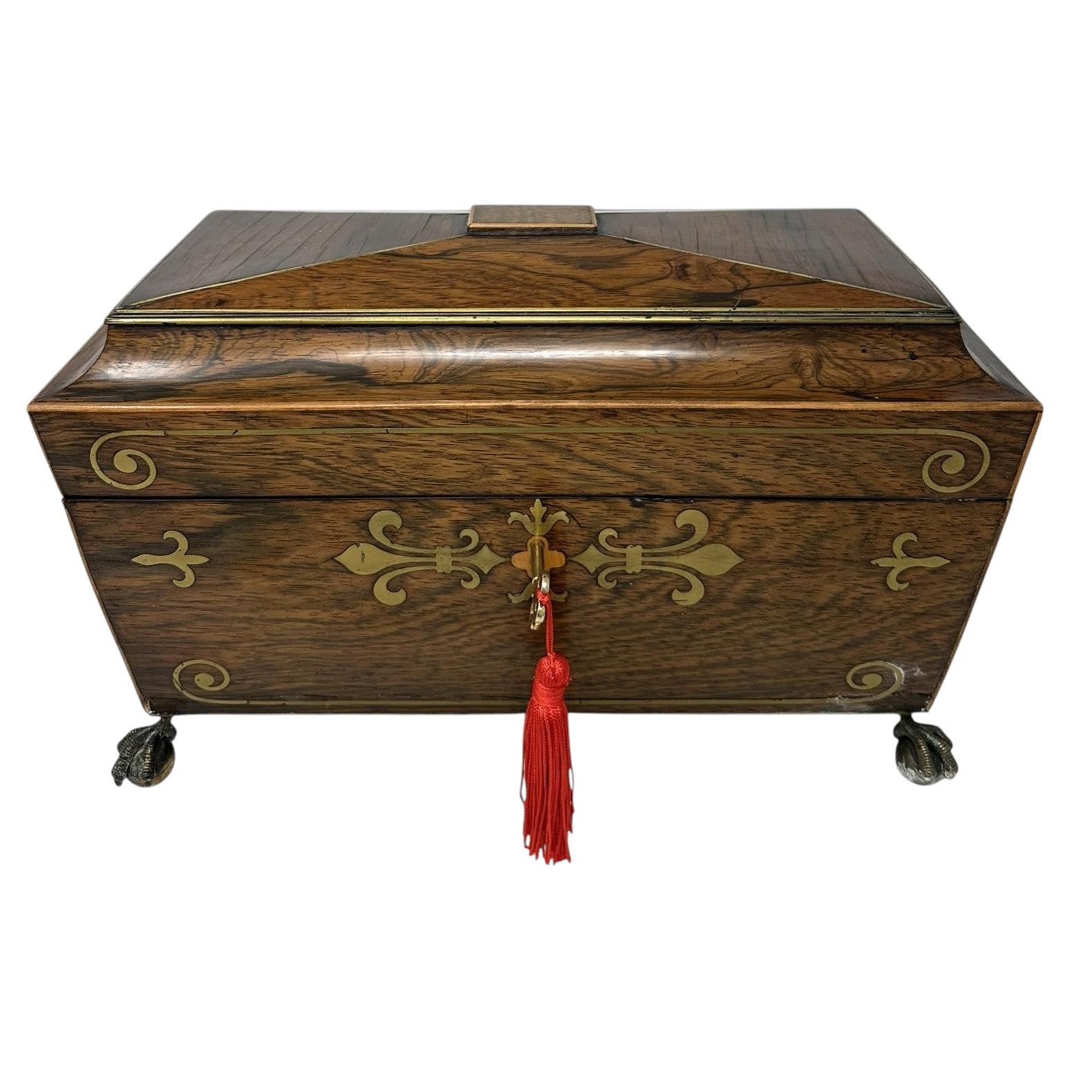 Antique Brass Inlaid Mahogany English Tea Caddy Box Regency Gillows Lancaster For Sale