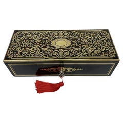 Antique Brass Inlaid Marquetry Boulle English Jewelry or Ladys Glove Box Casket