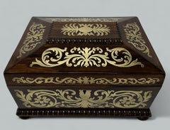 Antike englische Schmuck- Nähkiste aus Rosenholz mit Messingintarsien aus Messing, Gillows Lancaster