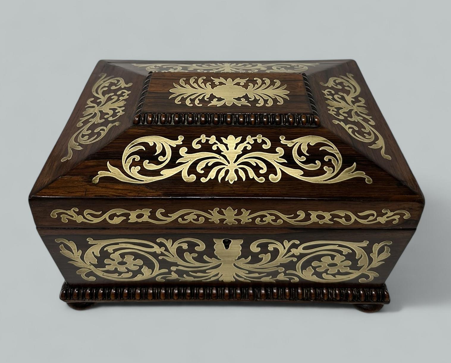 Regency Antique Brass Inlaid Rosewood English Jewelry Sewing Casket Gillows Lancaster For Sale