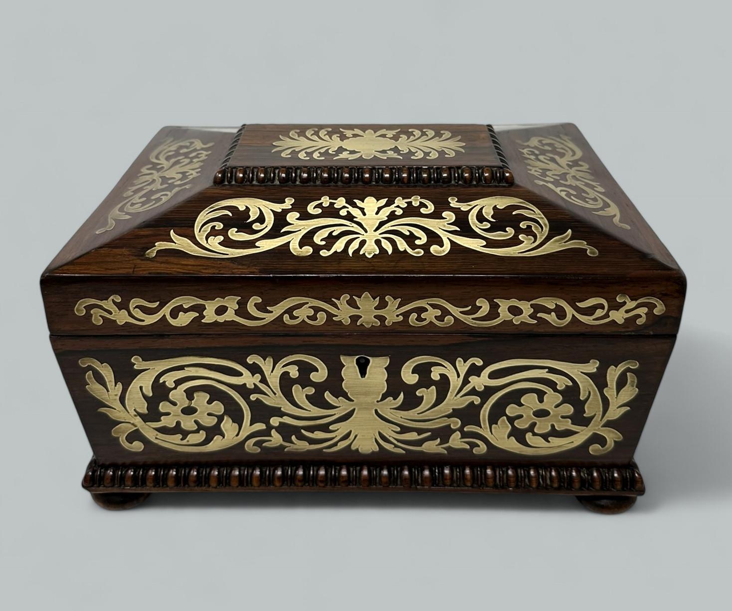 Polished Antique Brass Inlaid Rosewood English Jewelry Sewing Casket Gillows Lancaster For Sale
