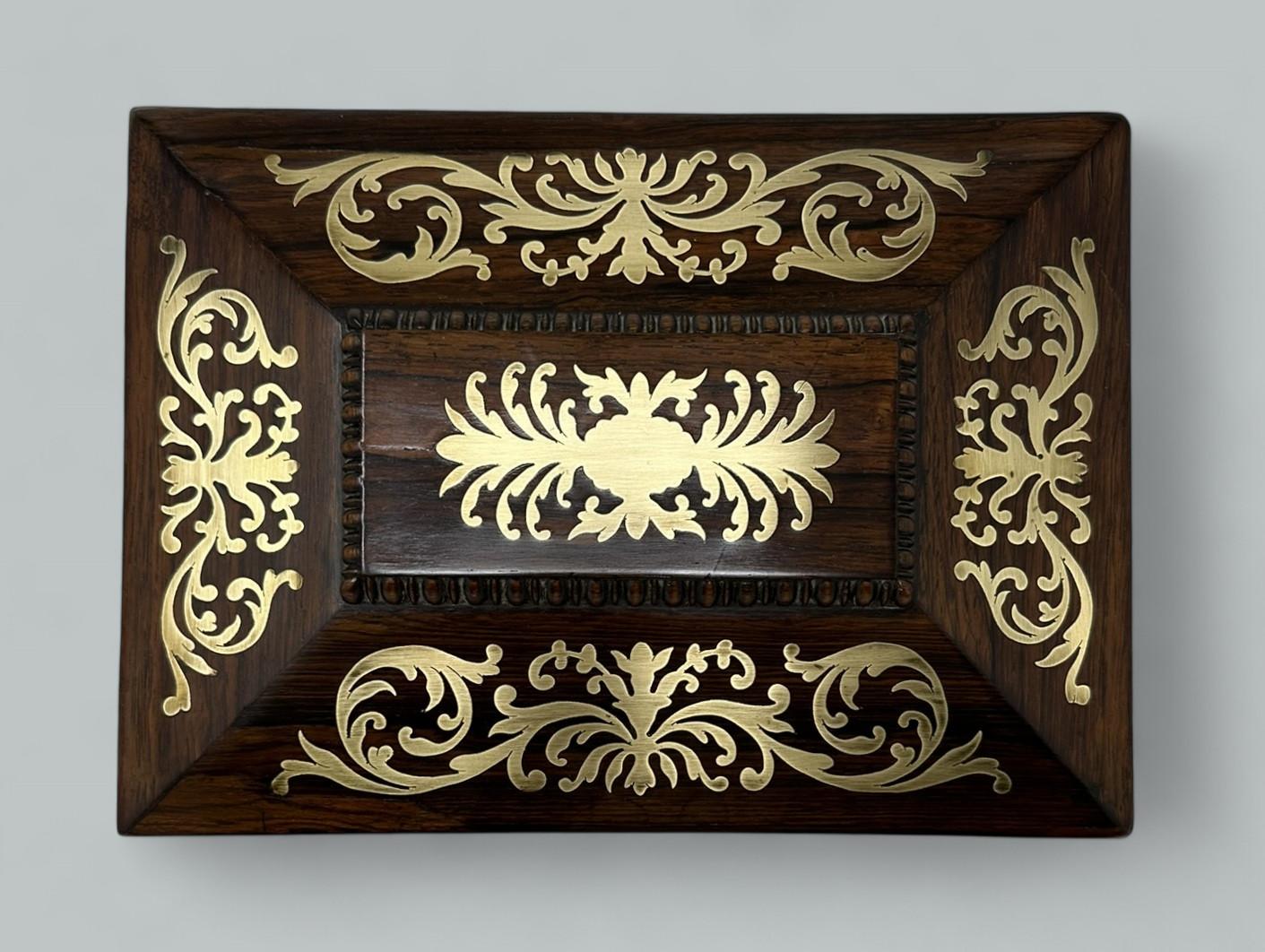 Antique Brass Inlaid Rosewood English Jewelry Sewing Casket Gillows Lancaster For Sale 1
