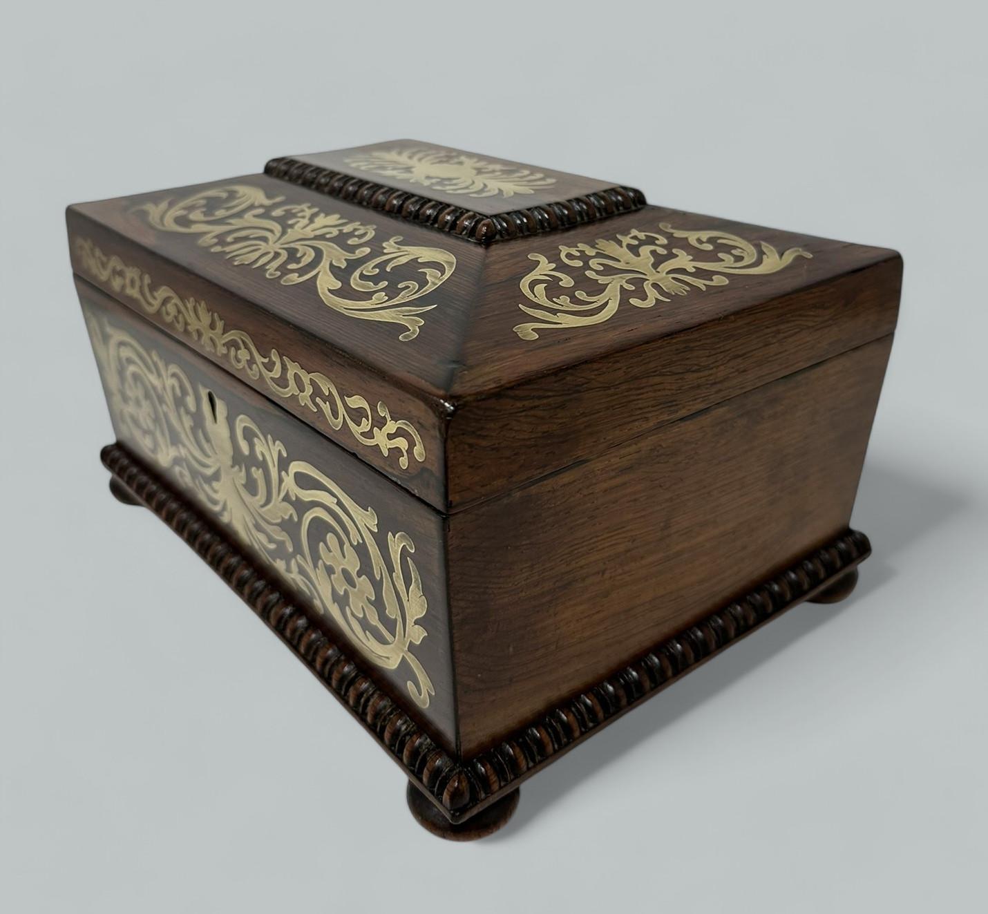 Antique Brass Inlaid Rosewood English Jewelry Sewing Casket Gillows Lancaster For Sale 2