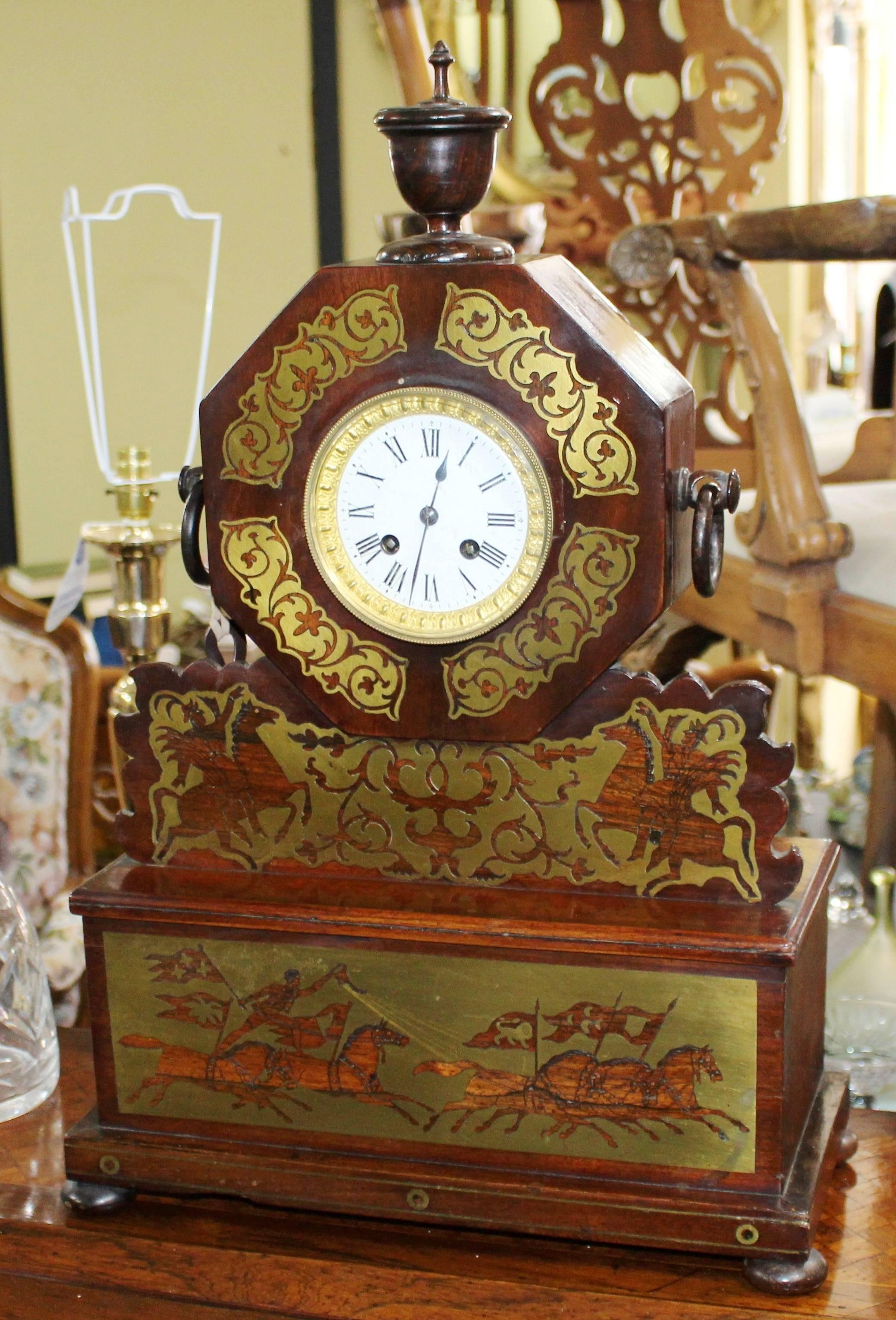 Antique Brass Inlaid Rosewood Mantle Clock In Good Condition For Sale In Worcester, Worcestershire