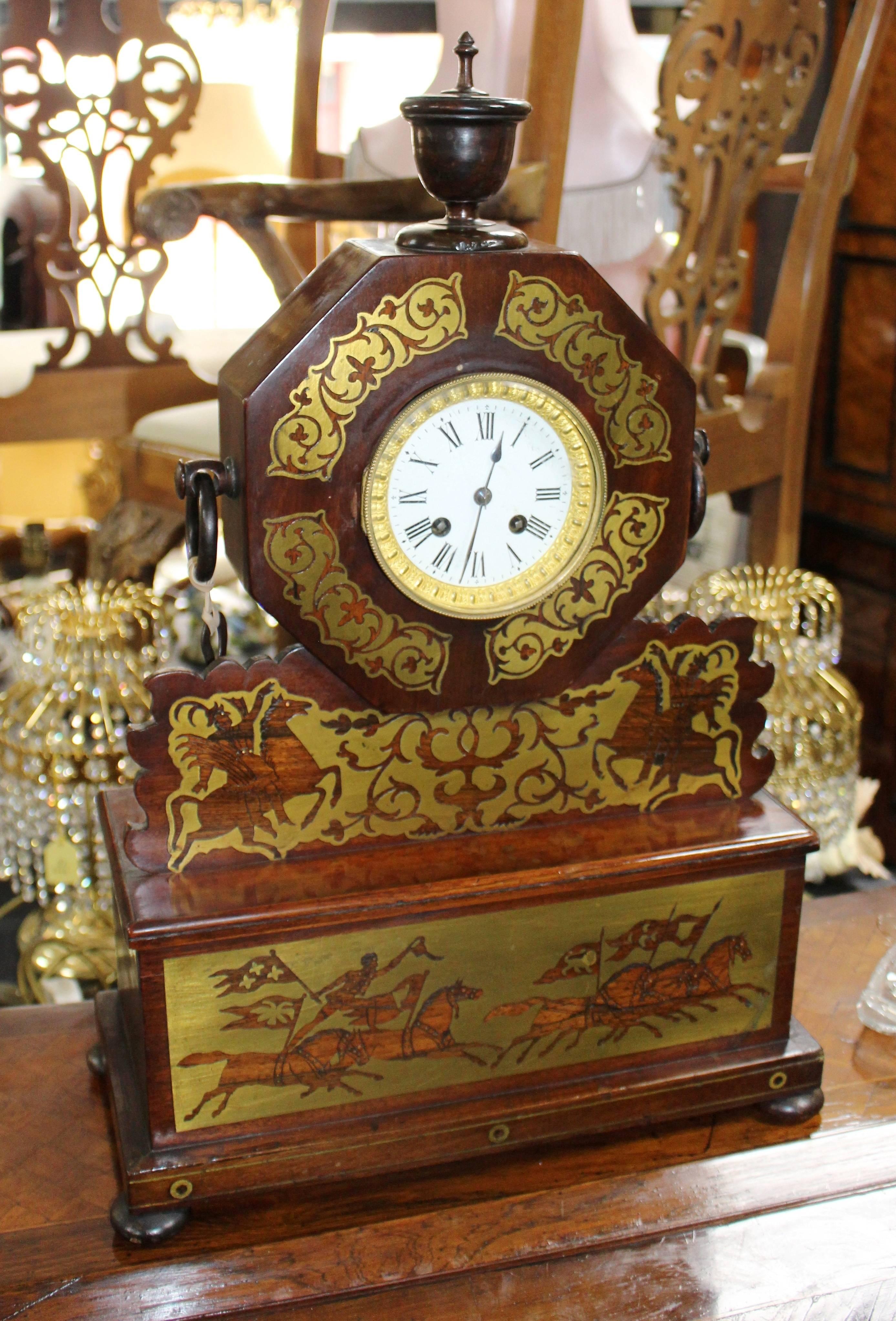 Antique Brass Inlaid Rosewood Mantle Clock For Sale 3