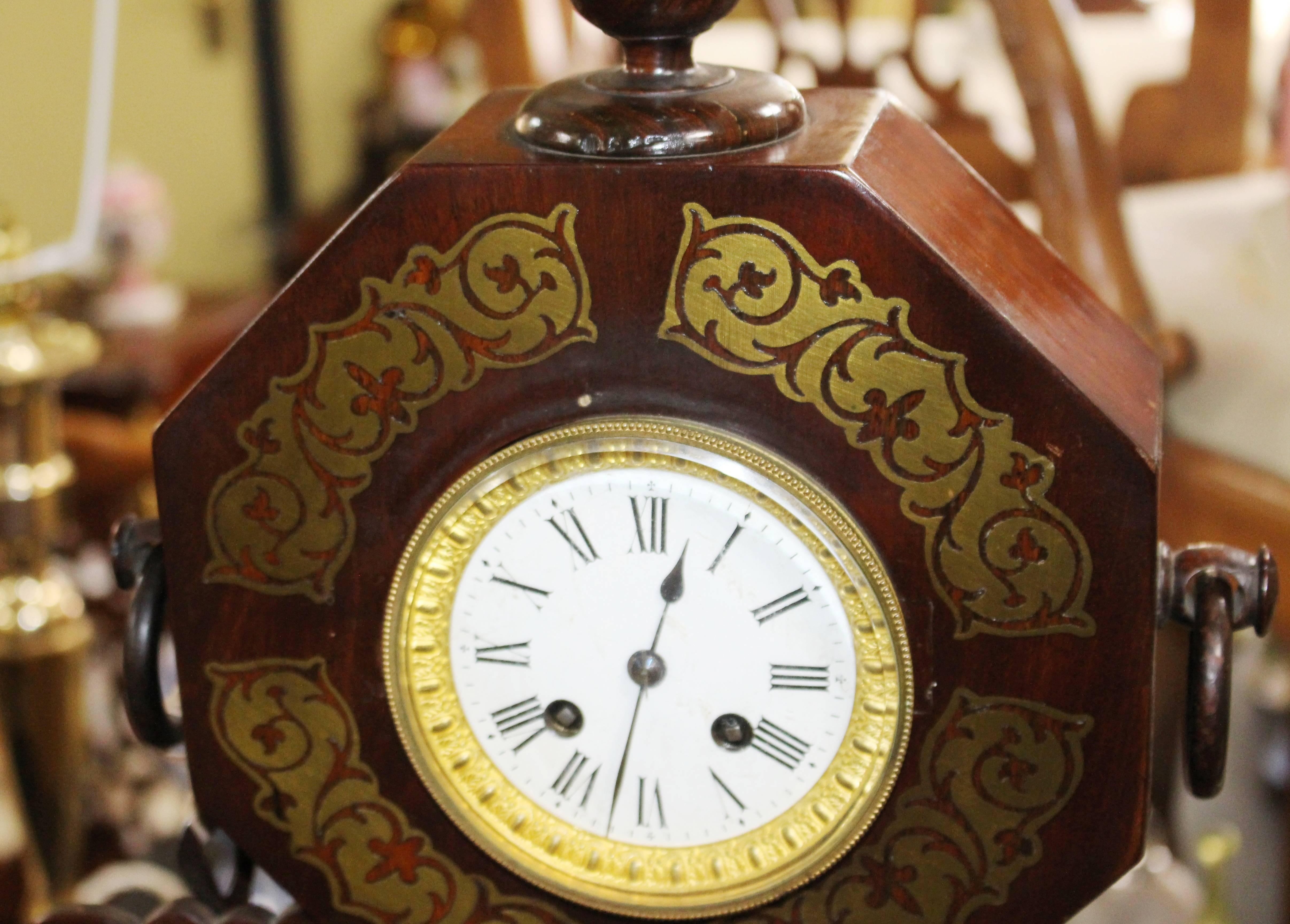 Antique Brass Inlaid Rosewood Mantle Clock For Sale 4