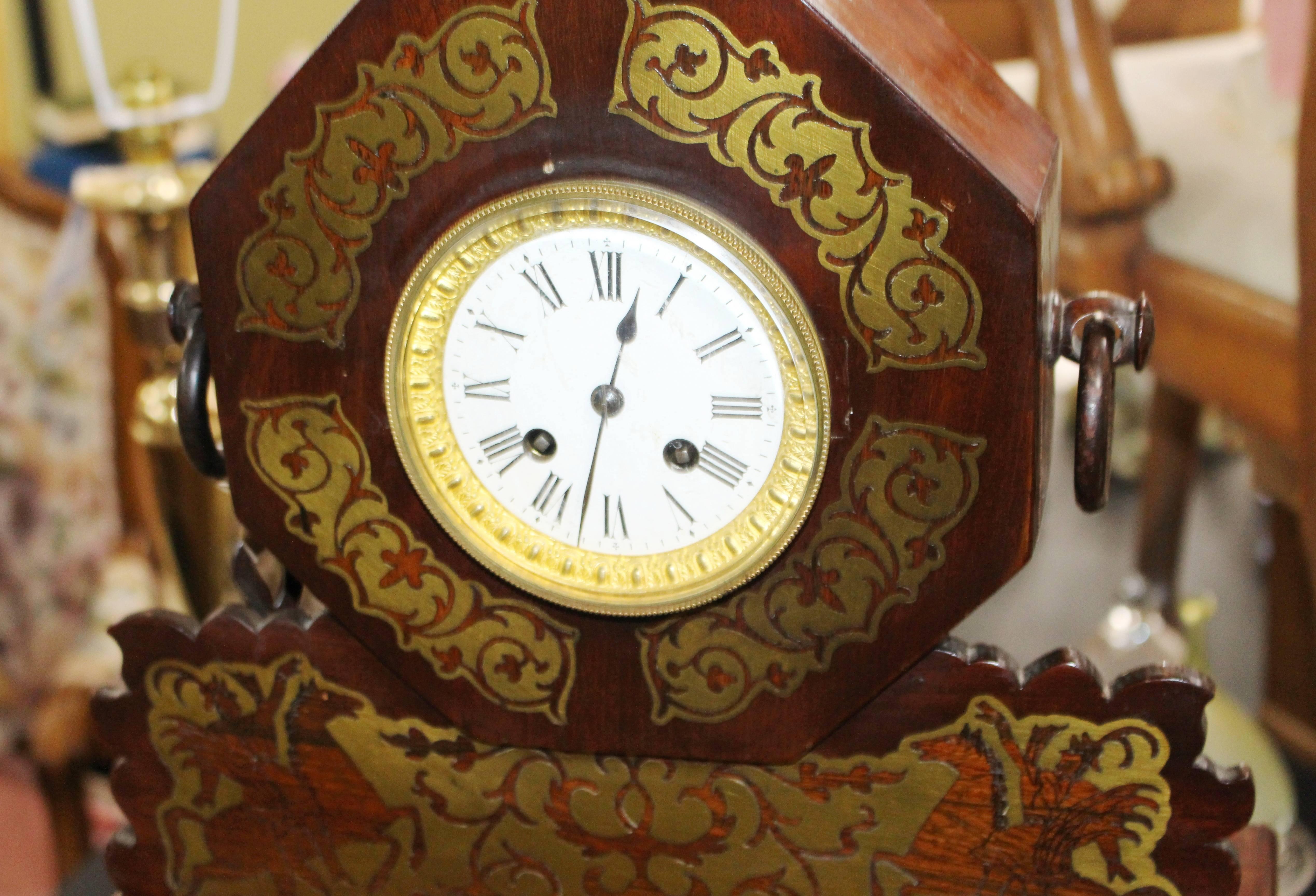 Antique Brass Inlaid Rosewood Mantle Clock For Sale 5
