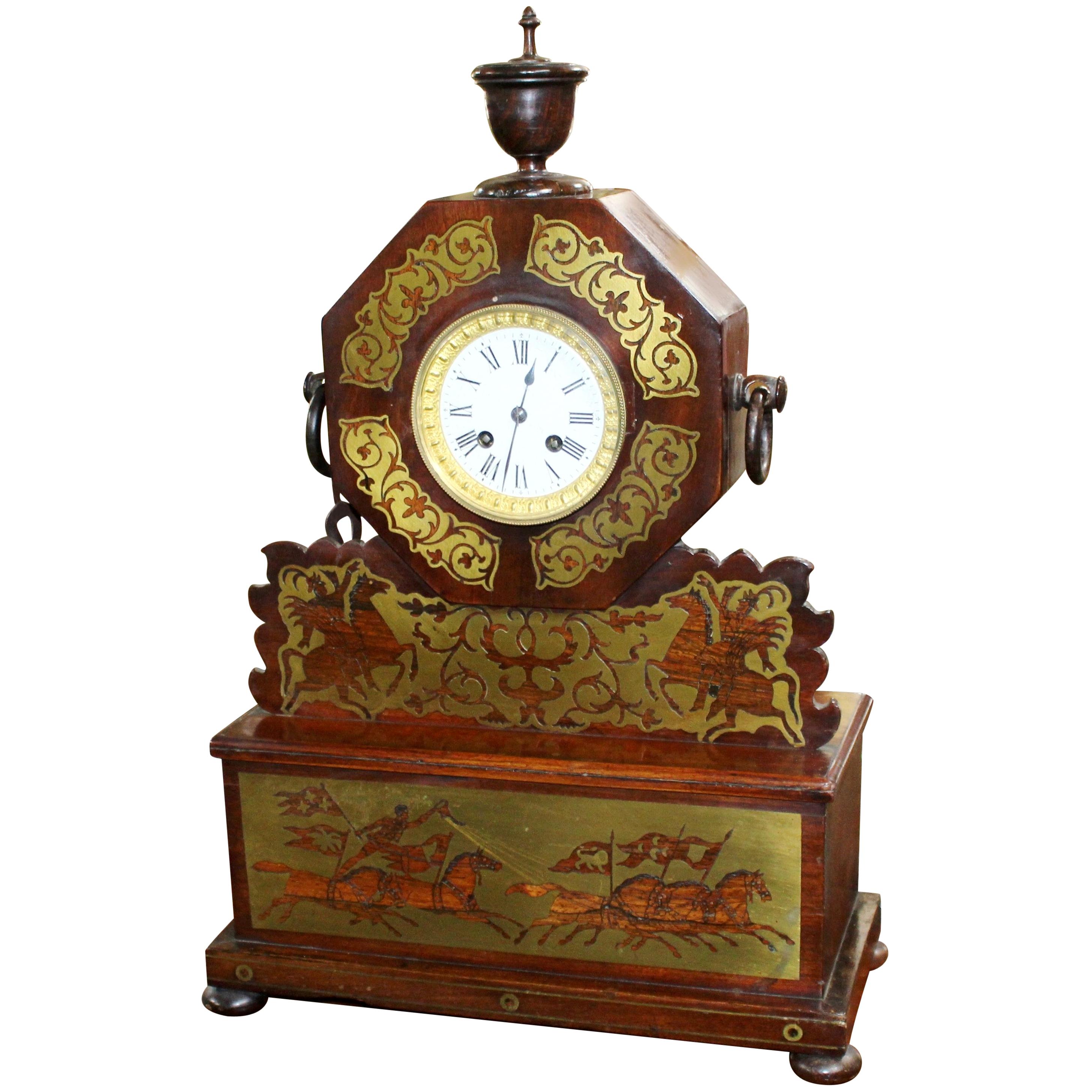 Antique Brass Inlaid Rosewood Mantle Clock For Sale