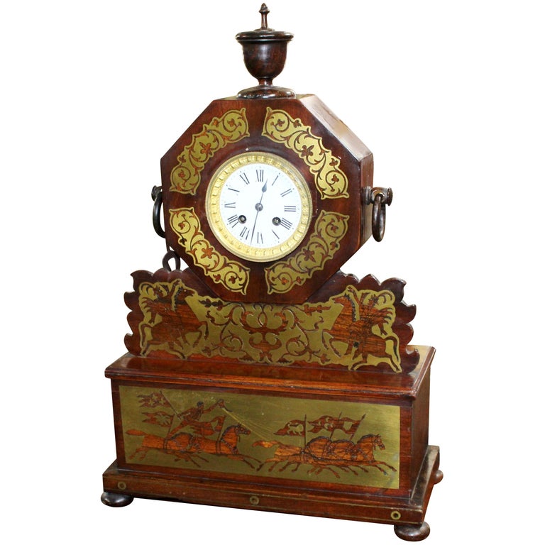 Antique Brass Inlaid Rosewood Mantle Clock For Sale at 1stDibs