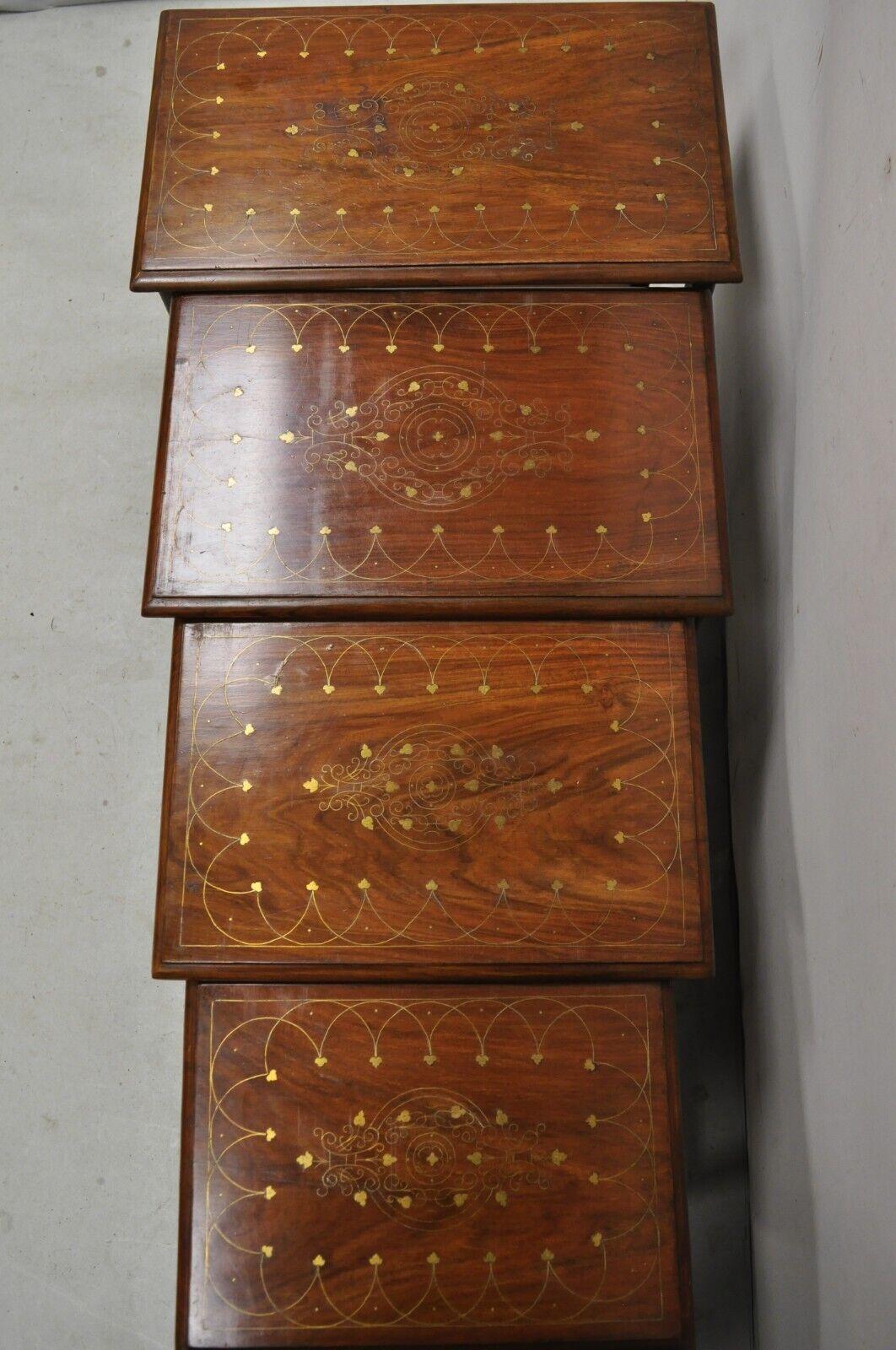Antique Brass Inlay Marquetry Nesting Side End Tables - Set of 4 For Sale 7