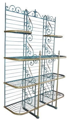 Antique Brass and Iron Verdigris French Bakers Rack Scrolled Étagère