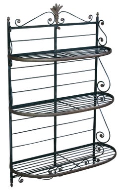 Antique Brass Iron Verdigris French Bakers Rack Scrolled Étagère Wall Shelf