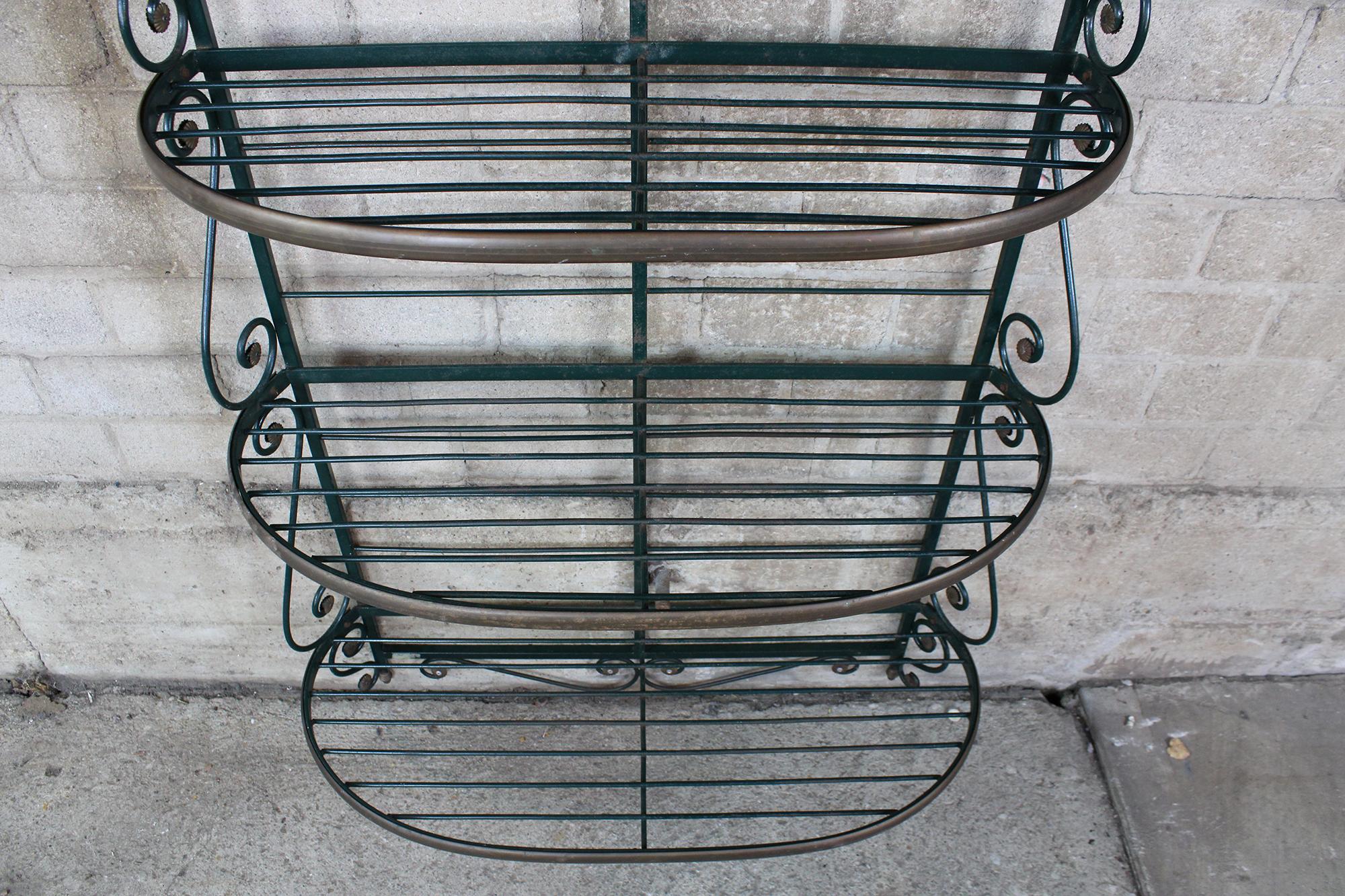 20th Century Antique Brass Iron Verdigris French Bakers Rack Scrolled Étagère Wall Shelf