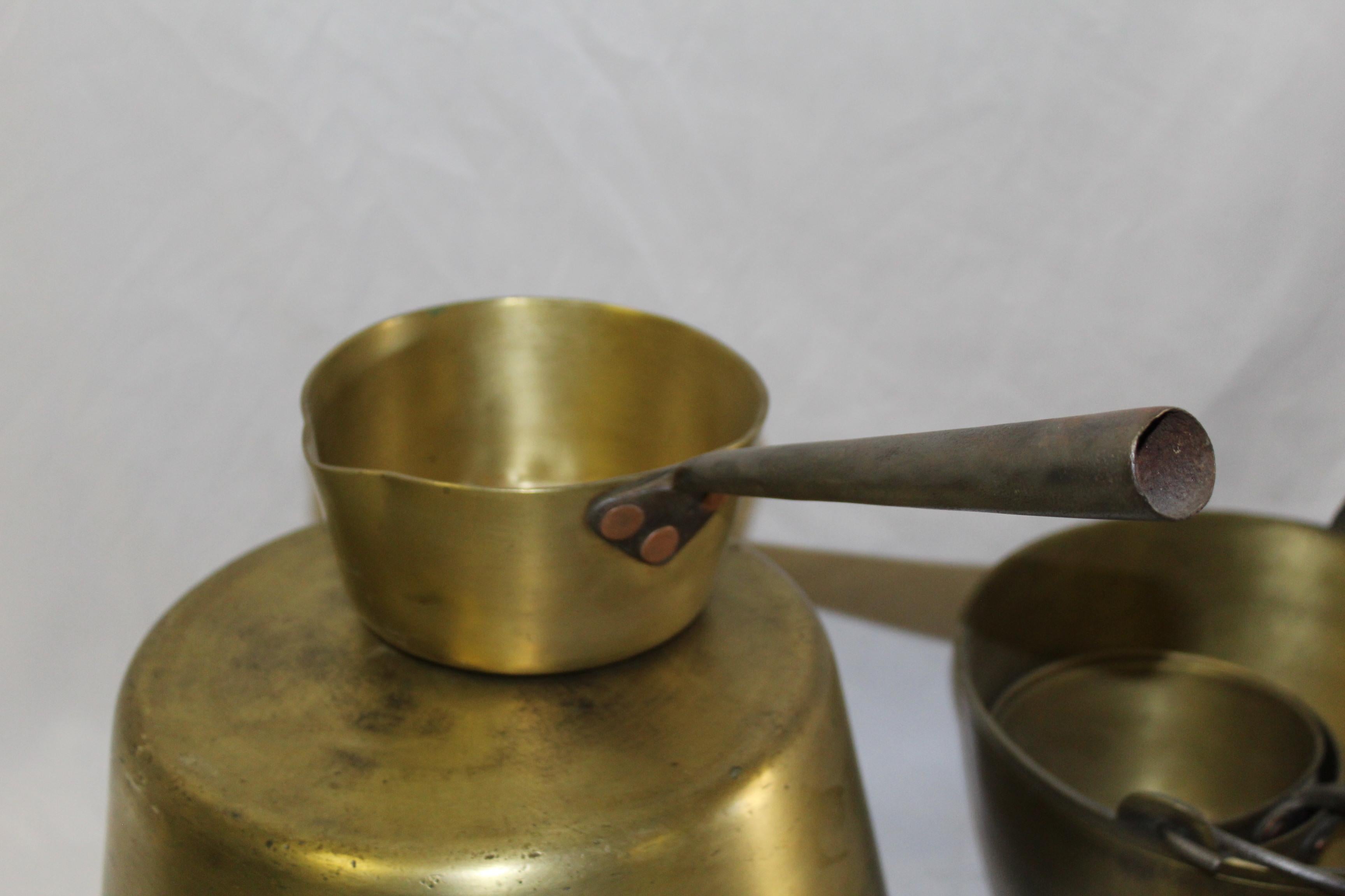Early Victorian Antique Brass Jam Pots England Steel Handles Set of 6 Pots For Sale