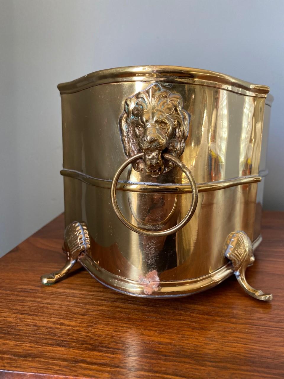 Antique Brass Jardiniere Planter with Lion Head and Feet Details For Sale 2