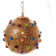 Antique Brass Jeweled Hanging Globe Light, circa 1920