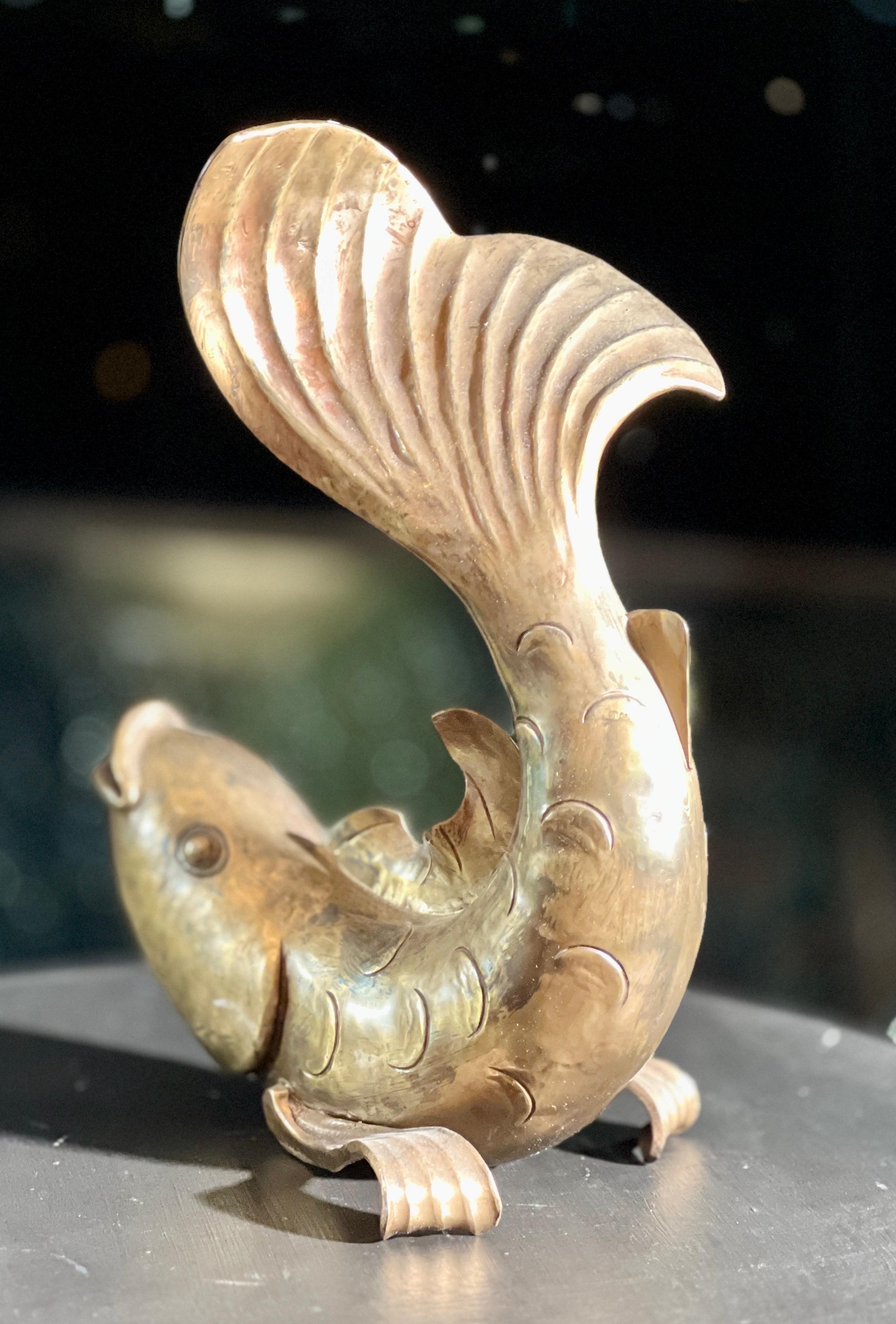 Cast Antique Brass Karpe Fish Statue, table decoration, centrepiece, Europe, 19th cen For Sale