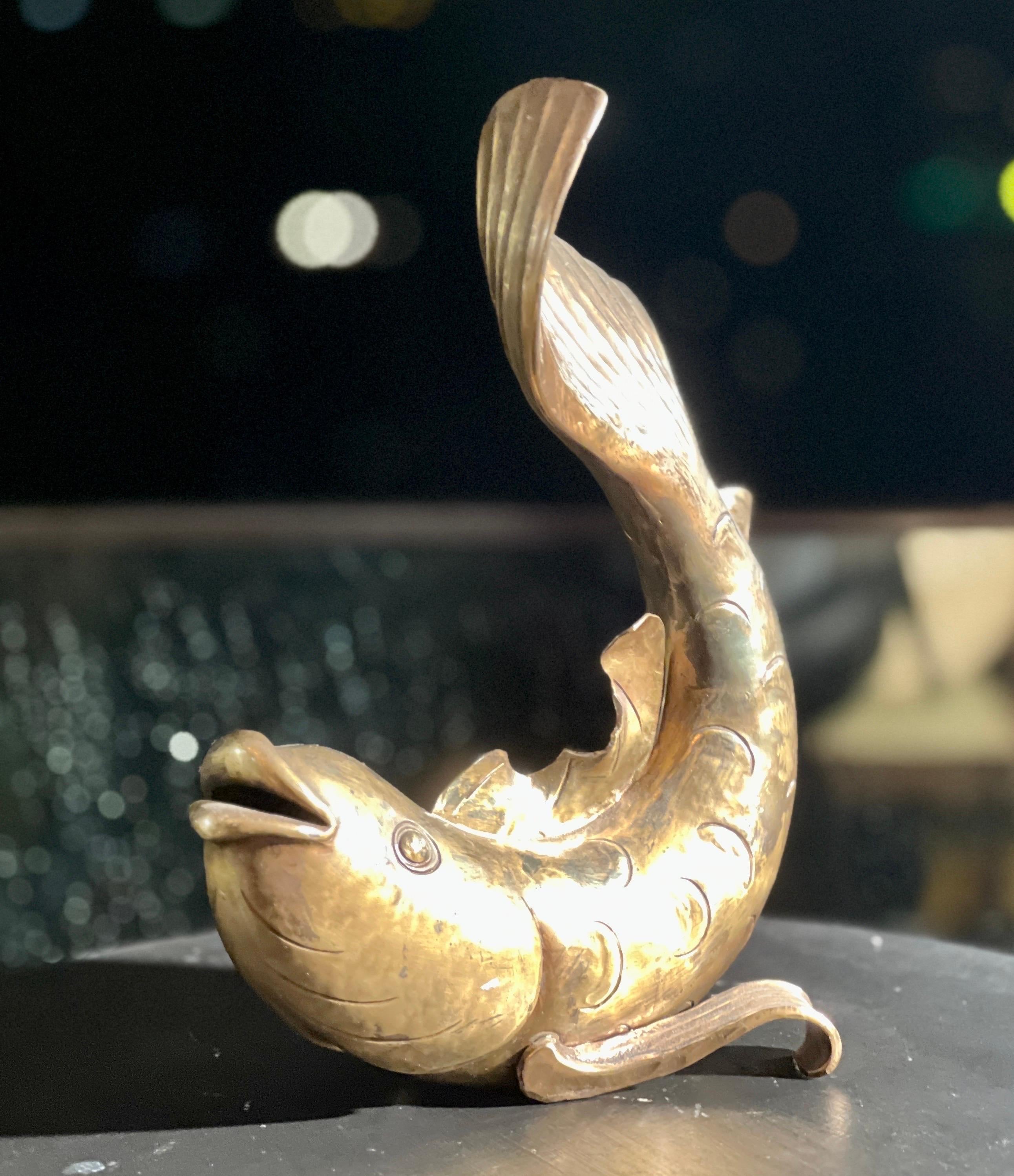 19th Century Antique Brass Karpe Fish Statue, table decoration, centrepiece, Europe, 19th cen For Sale