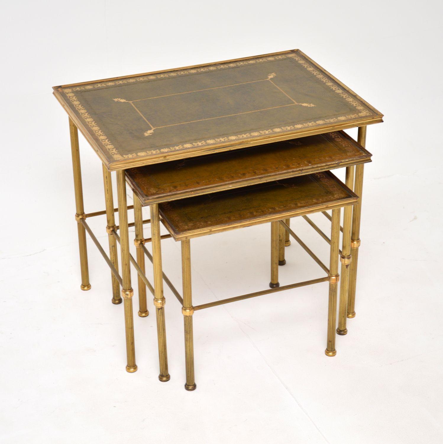 A fantastic antique nest of tables in solid brass with leather tops. These were likely made in France, they date from around the 1930-50’s.

They are of super quality and it in unusual to see a model like this with such lovely tooled leather