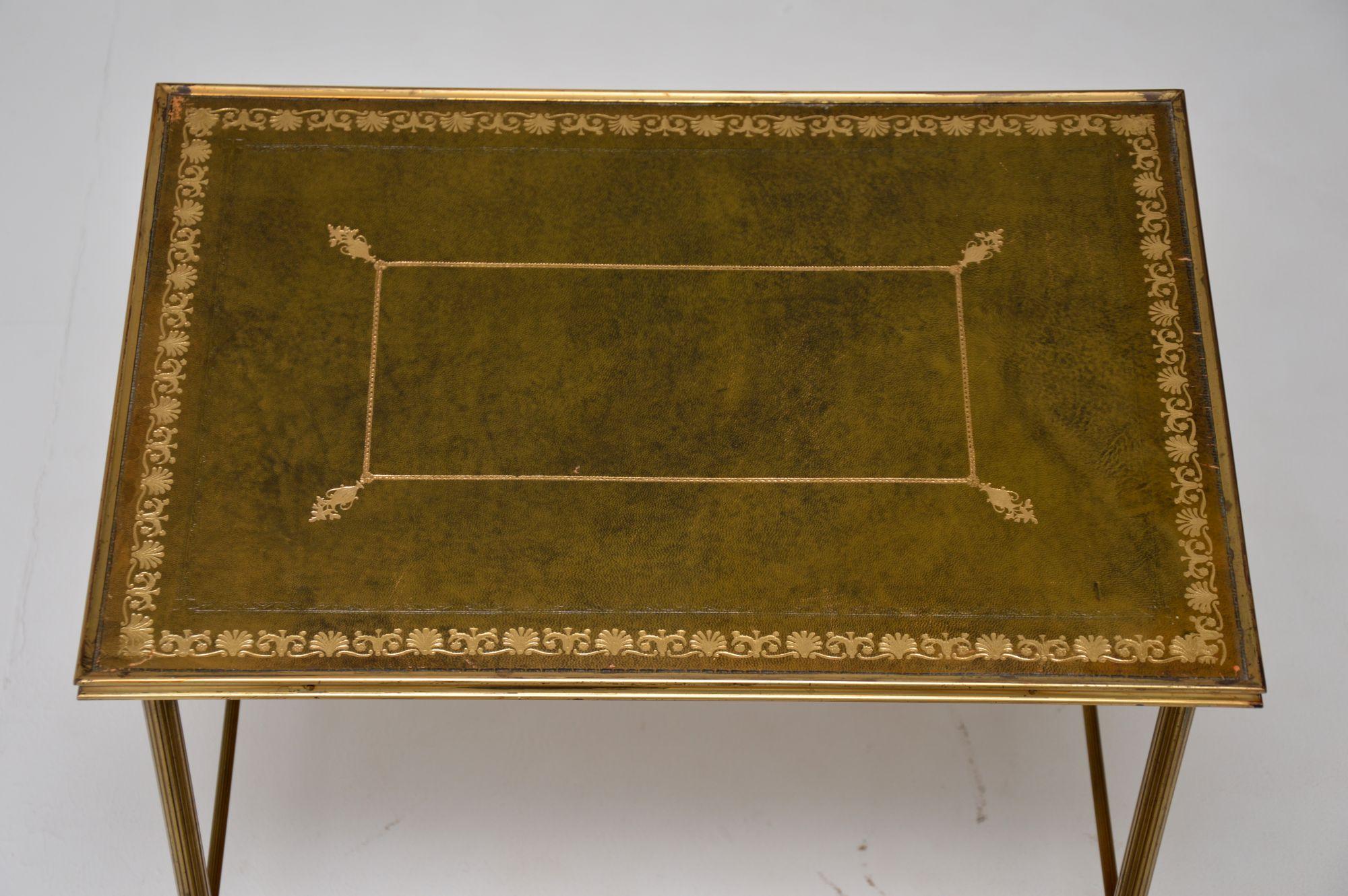 Antique Brass & Leather Nest of 3 Tables 1