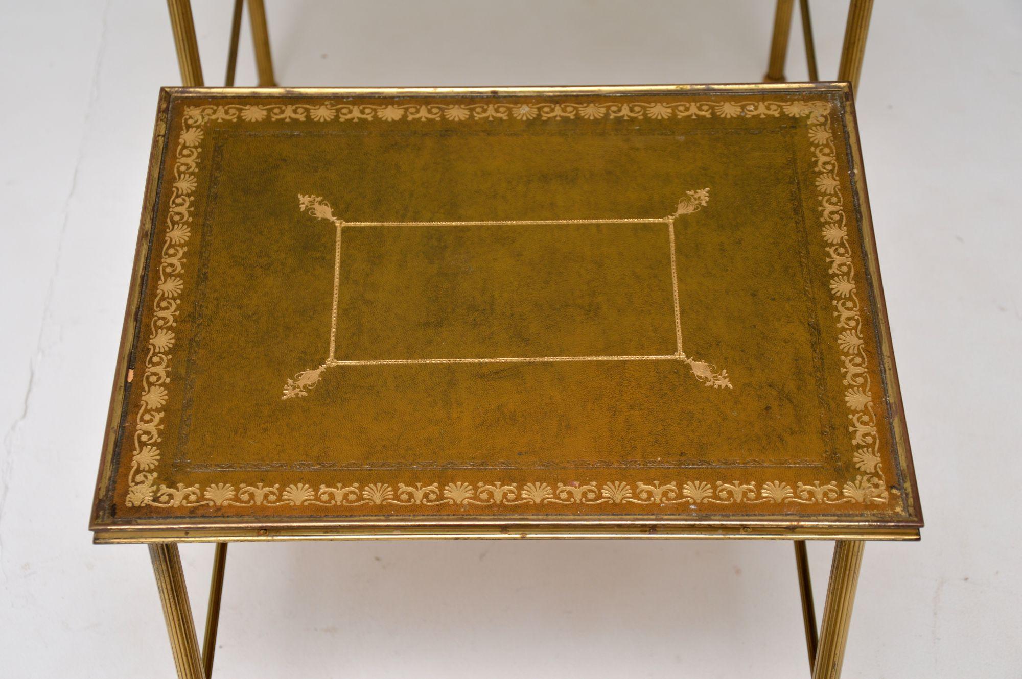 Antique Brass & Leather Nest of 3 Tables 2