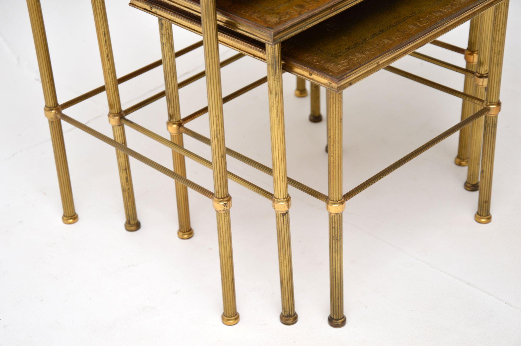 Mid-20th Century Antique Brass & Leather Nest of 3 Tables