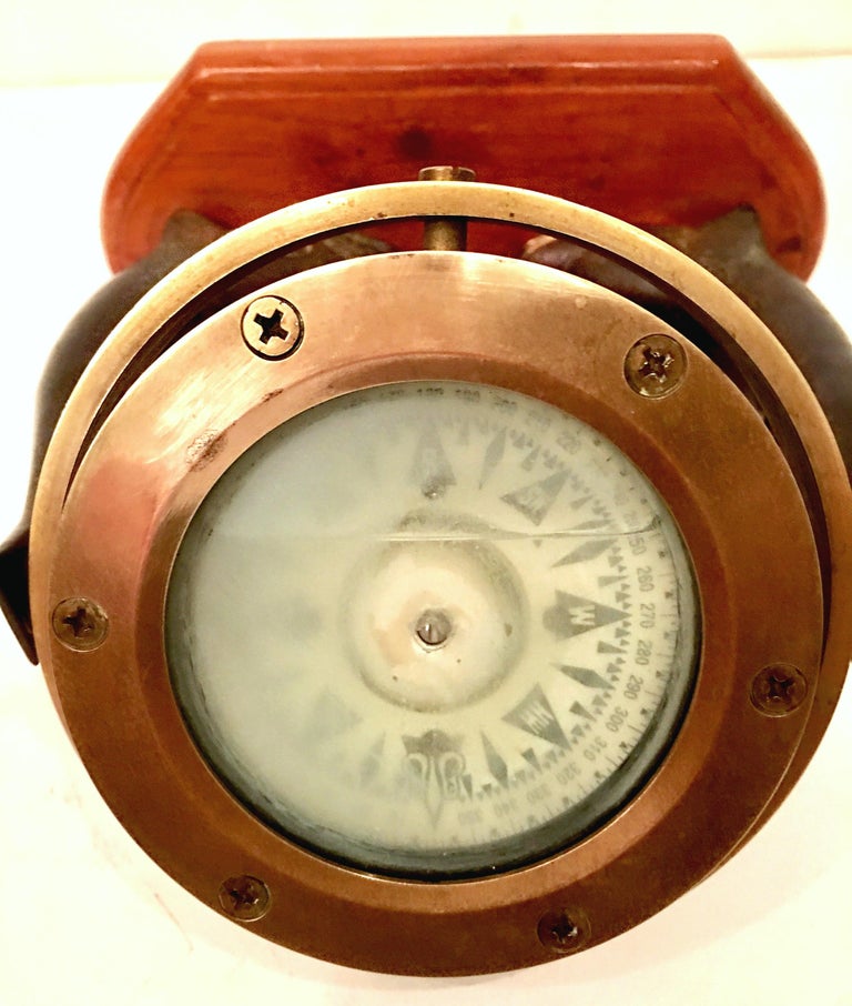 Antique Brass Liquid Nautical Ships Compass Double Dolphin and Wood