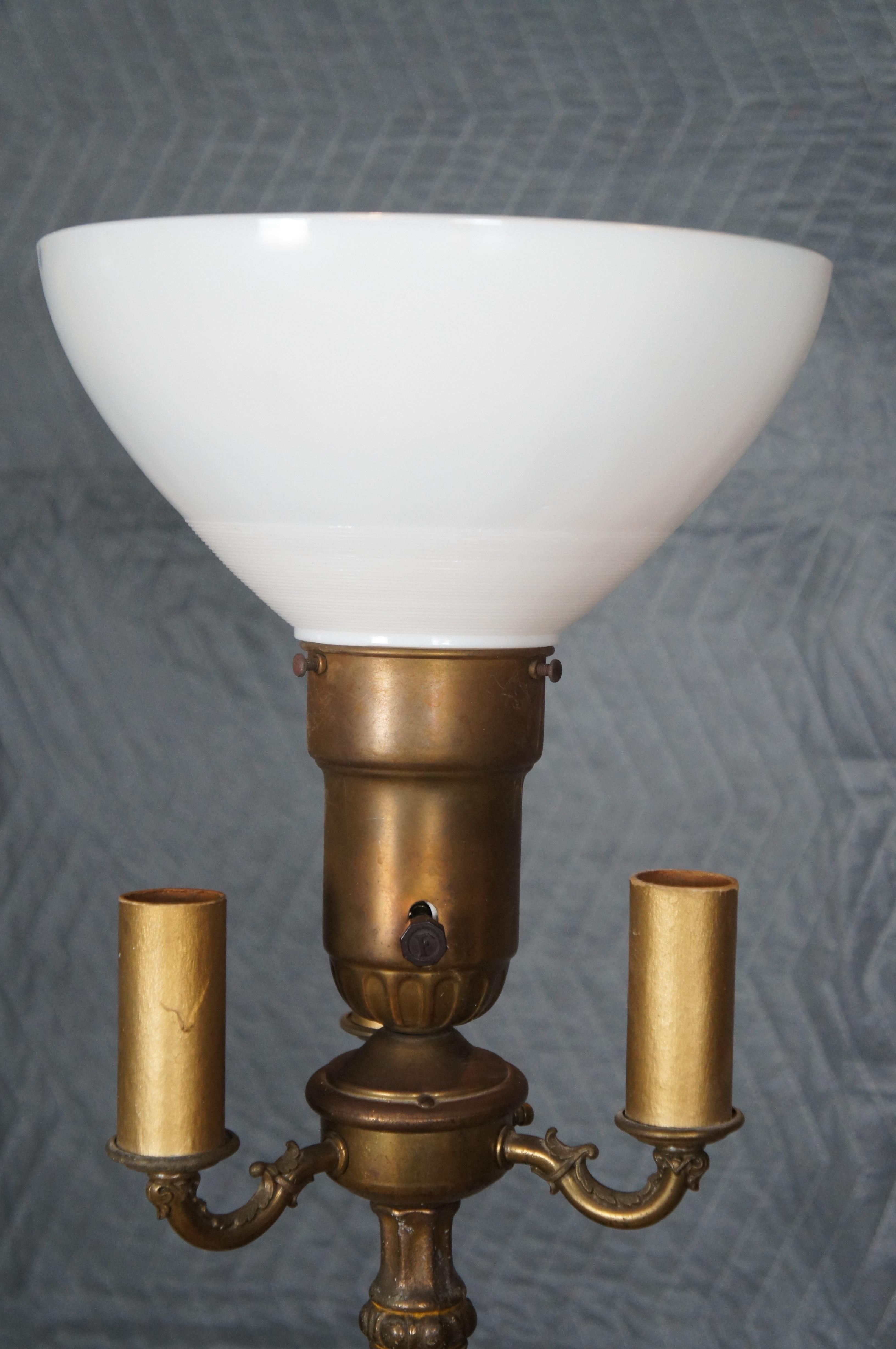 Victorian Antique Brass & Marble 3 Arm Candelabra Torchiere Floor Lamp w Shade 69