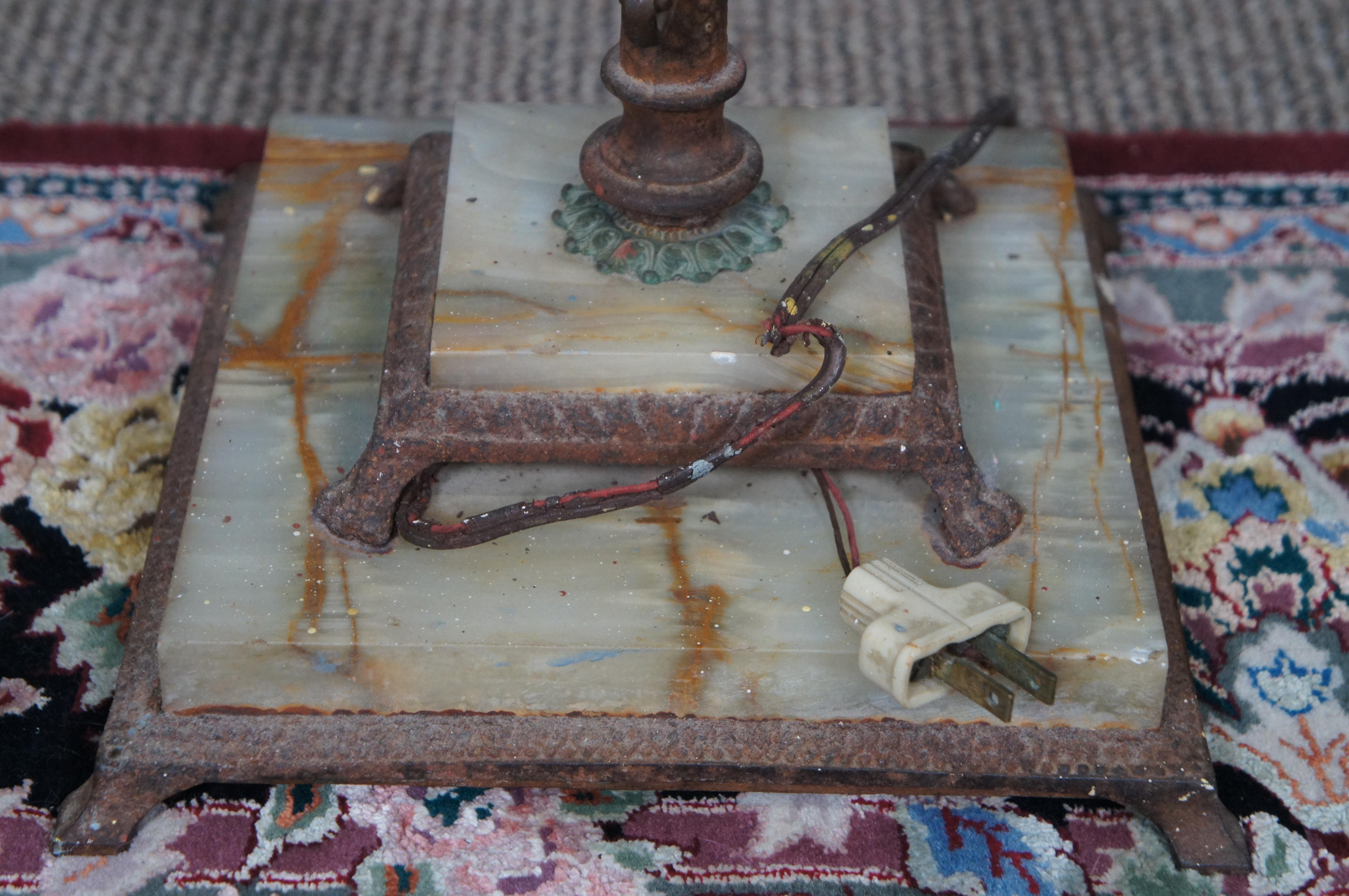 19th Century Antique Brass & Marble 3 Arm Candelabra Torchiere Floor Lamp w Shade 69