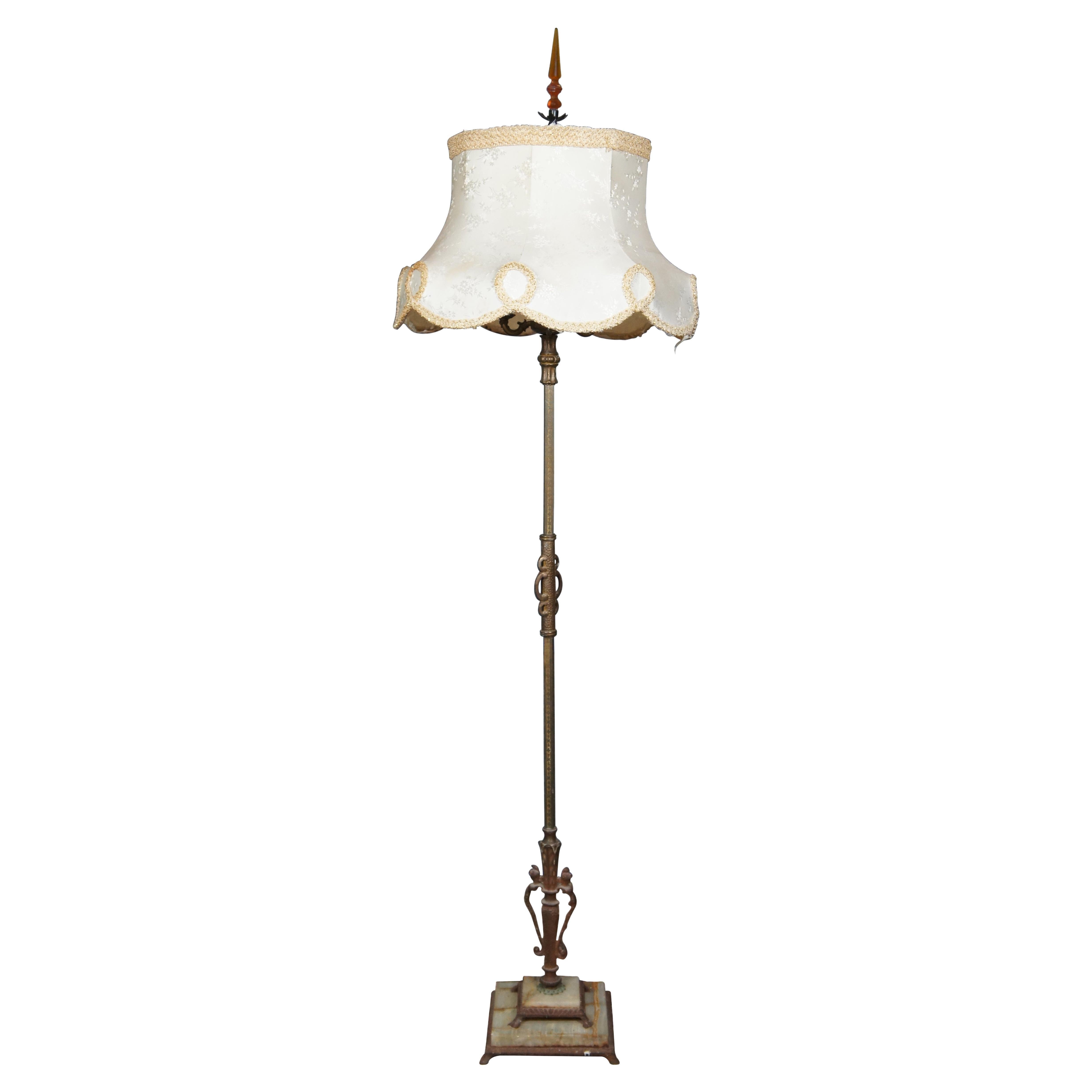 Antique Brass & Marble 3 Arm Candelabra Torchiere Floor Lamp w Shade 69" For Sale