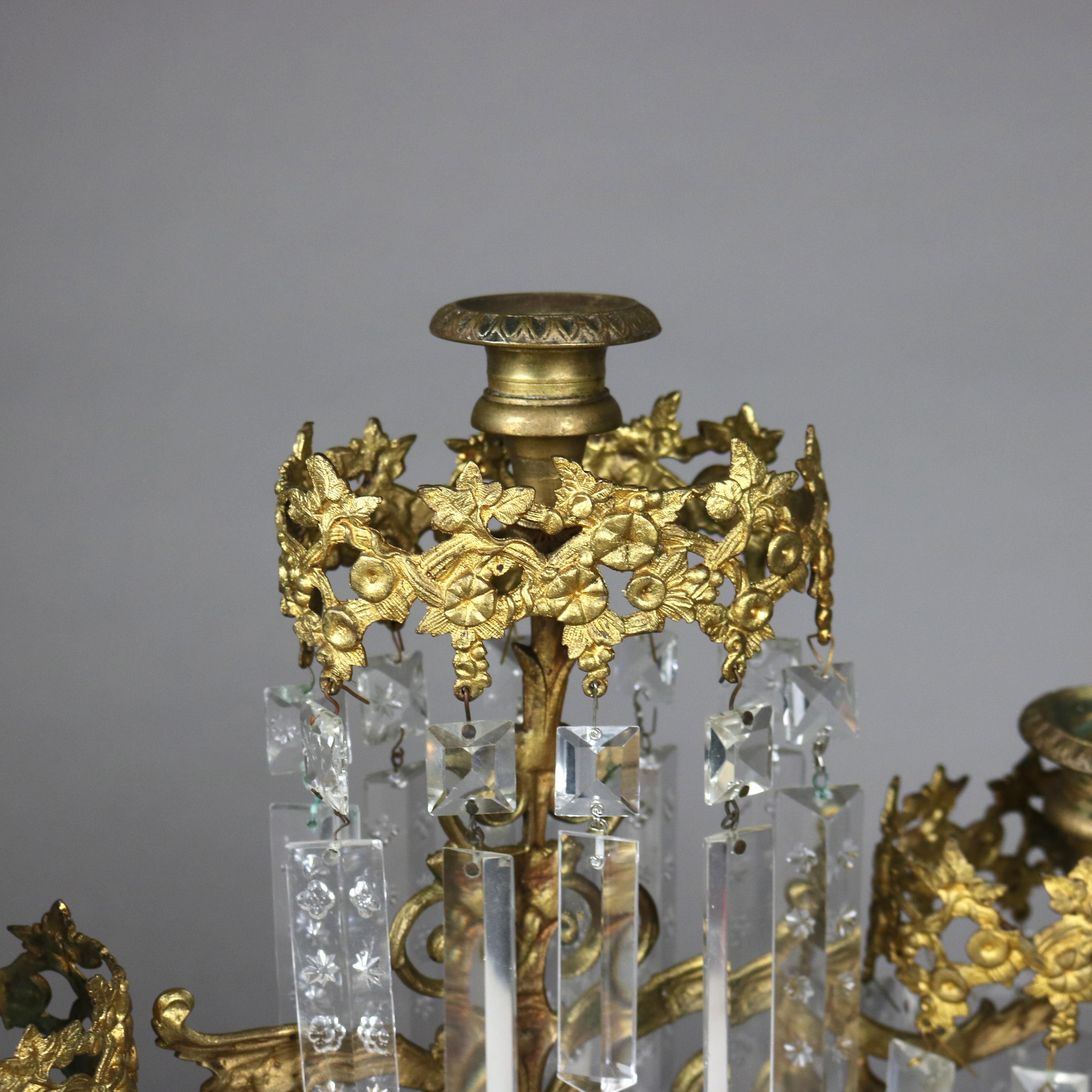 Antique Brass, Marble & Crystal Girandole Candelabra with Bigelow Chapel c1890 6