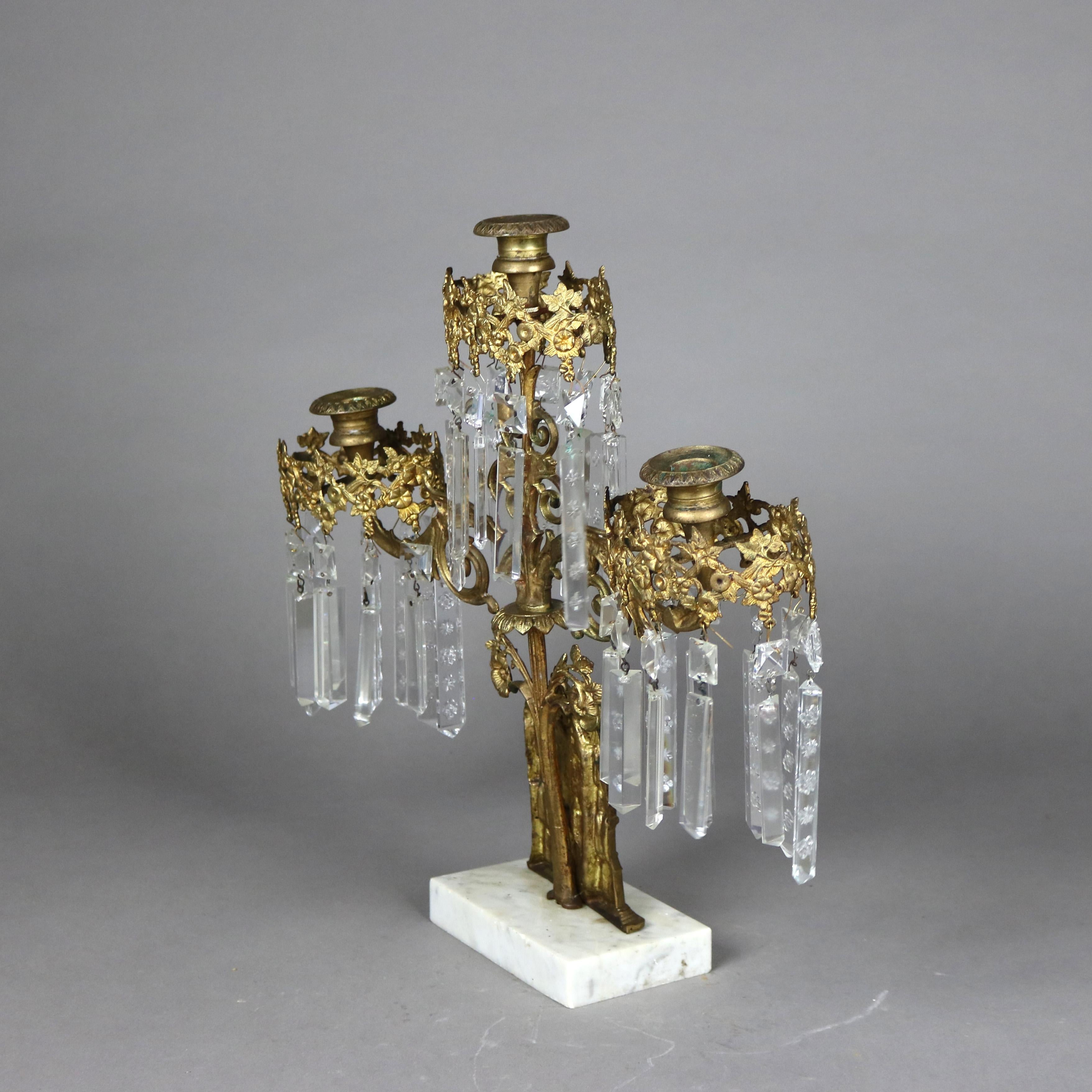 Antique Brass, Marble & Crystal Girandole Candelabra with Bigelow Chapel c1890 7