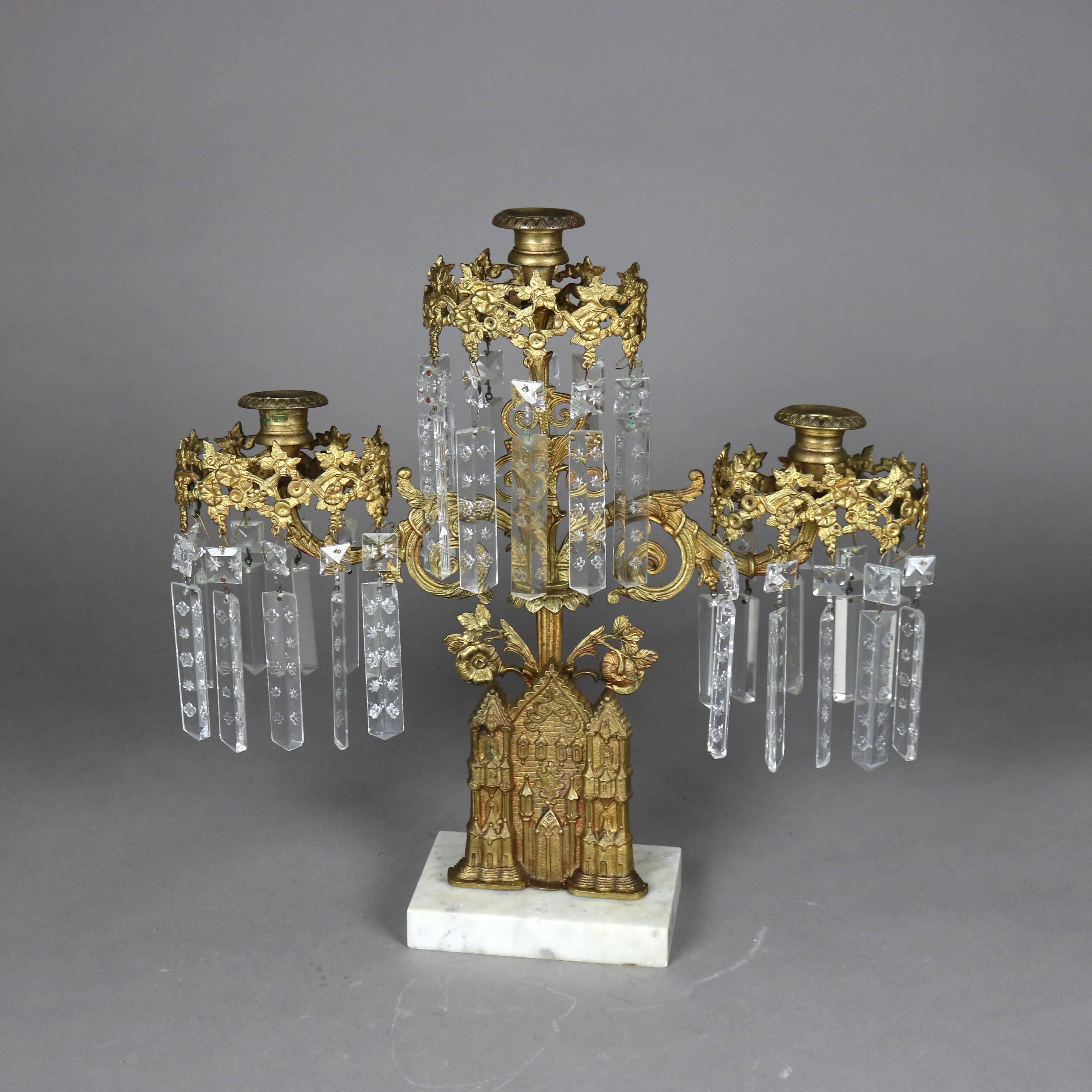 Antique Brass, Marble & Crystal Girandole Candelabra with Bigelow Chapel c1890

Measures - 16 1/2