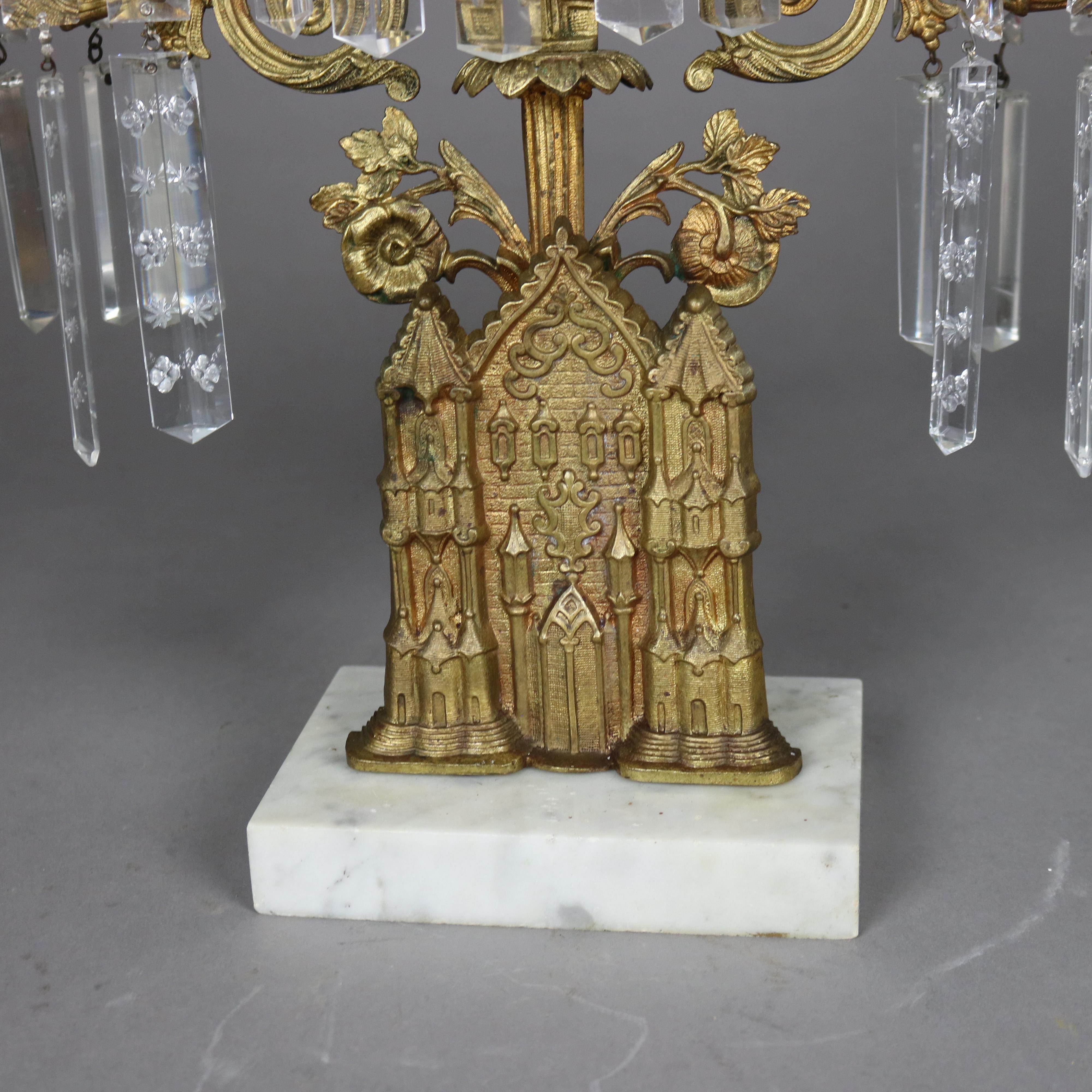 Antique Brass, Marble & Crystal Girandole Candelabra with Bigelow Chapel c1890 In Good Condition In Big Flats, NY