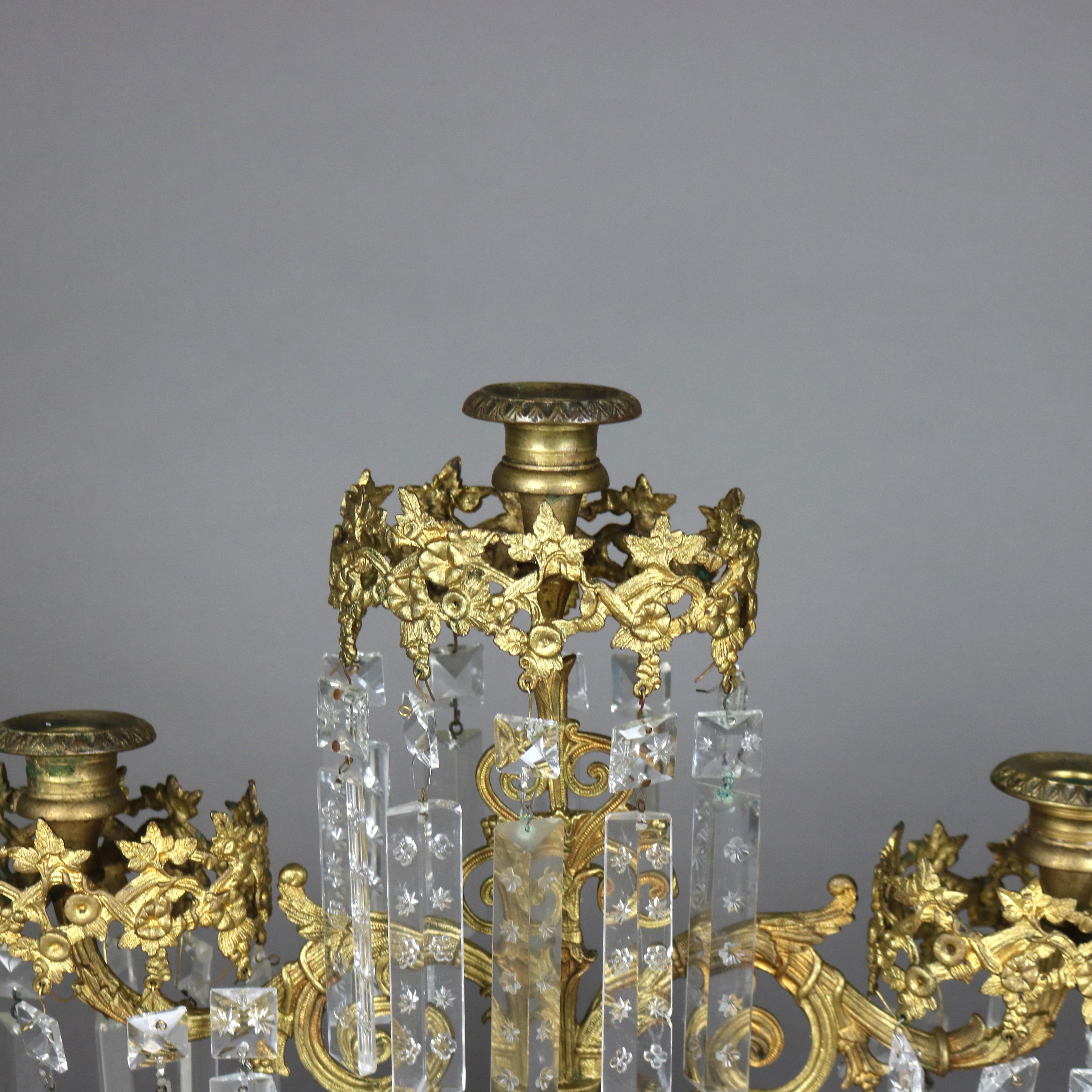 19th Century Antique Brass, Marble & Crystal Girandole Candelabra with Bigelow Chapel c1890