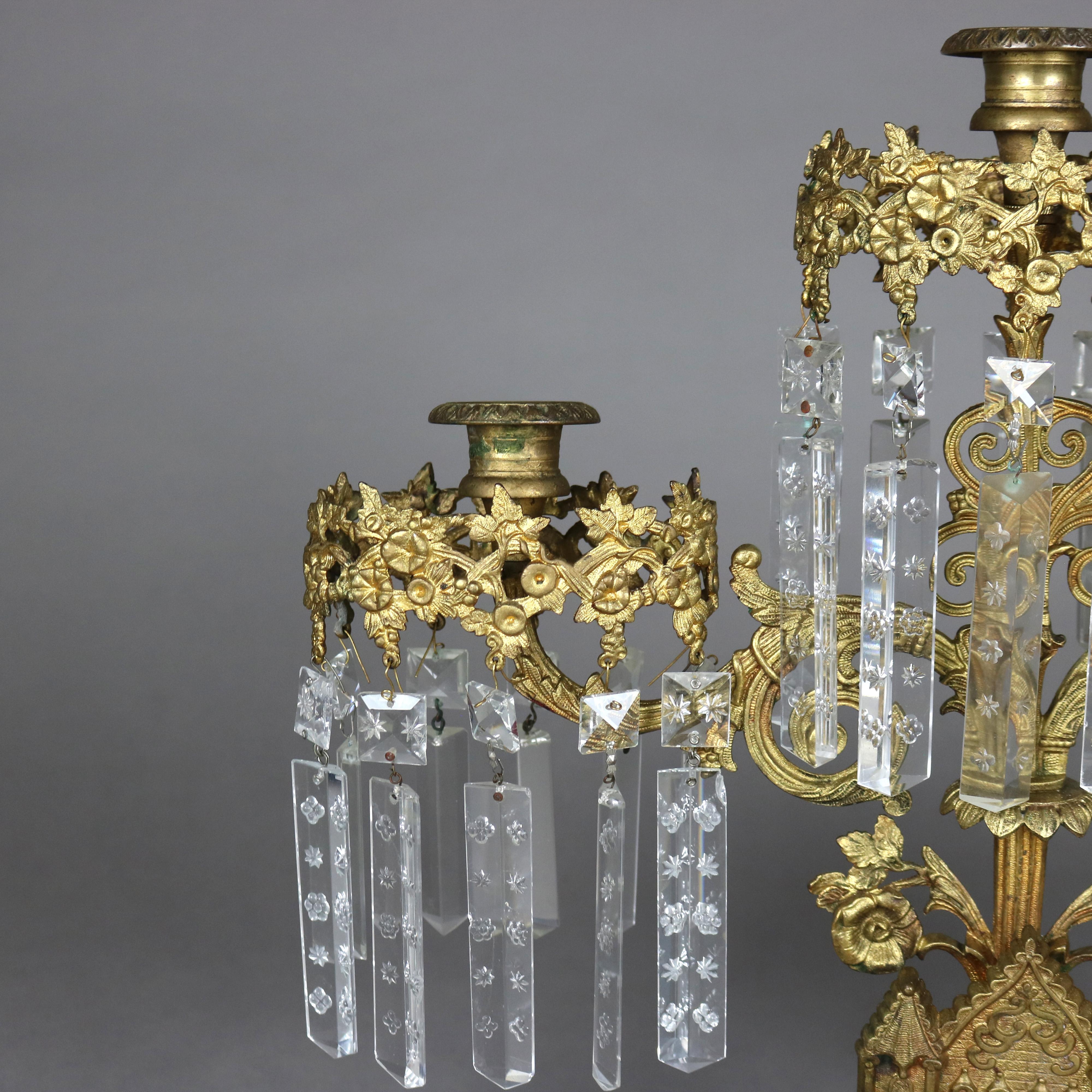 Antique Brass, Marble & Crystal Girandole Candelabra with Bigelow Chapel c1890 1